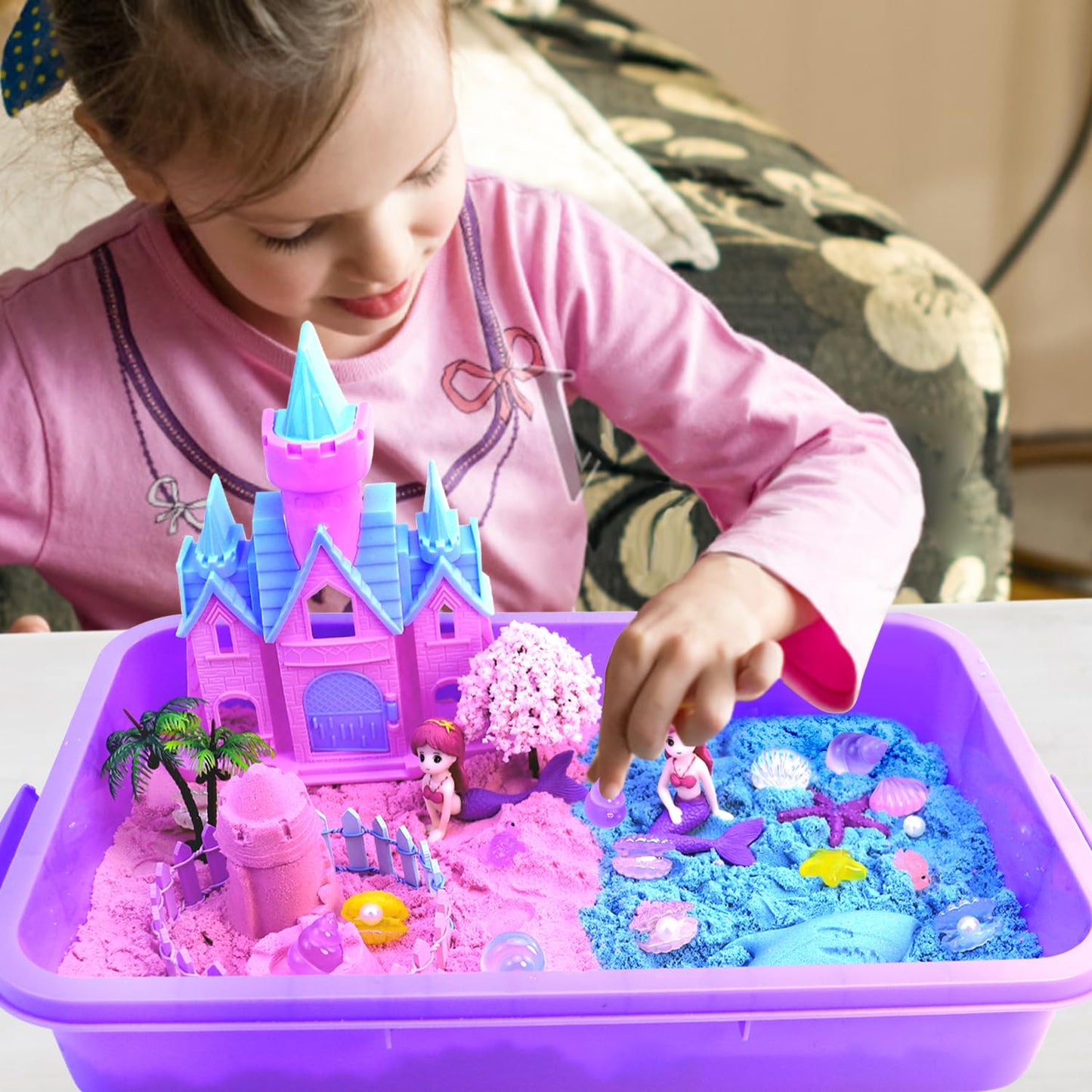 Mermaid Sensory Bin,Play Sand Art Kinetic Sand Play set Fine Motor Skills Montessori Sand Toys with 2.2 lbs Sand & Castle Molds & Sand Shovel Tools,Ocean Theme Educational Toys for aged 3-8 Girls