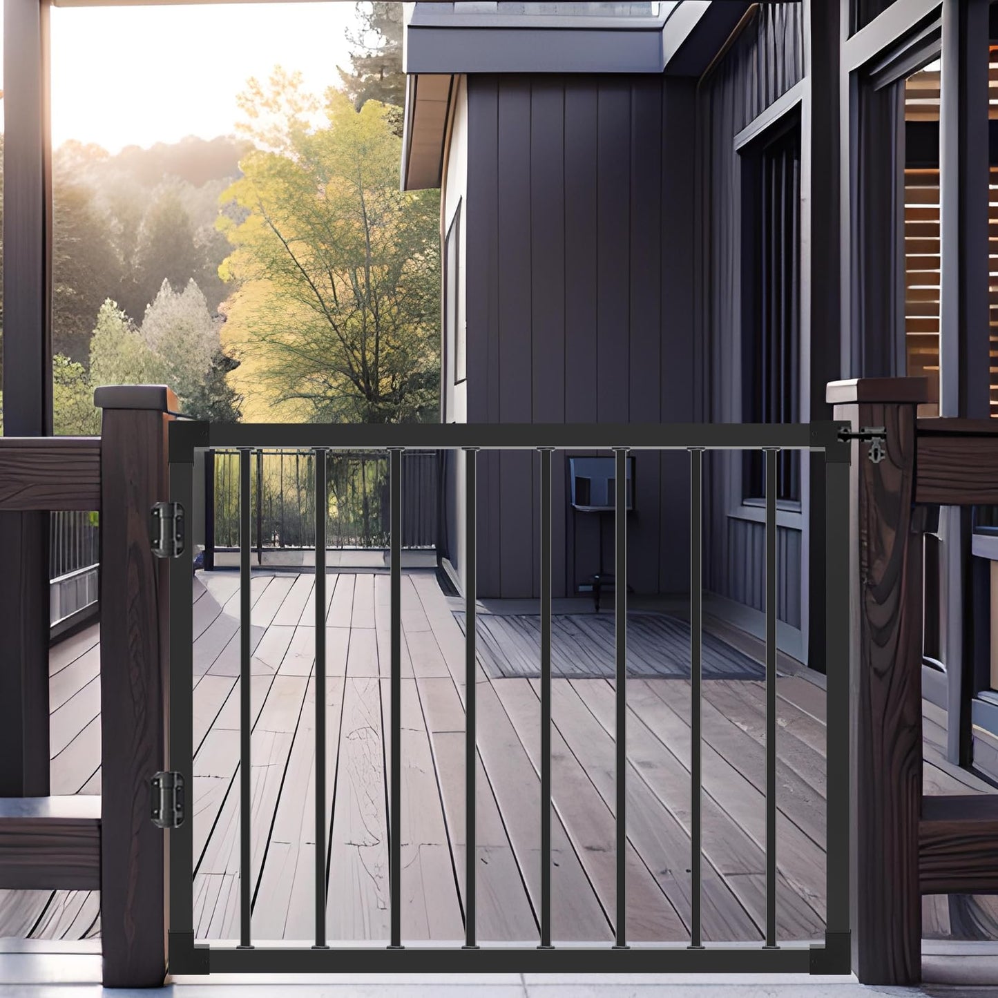 Deck Gate Outoor, 36''Hx48''W Black Heavy Duty Steel Anti-Rust Fence Door with Customizable Width, Easy Installation Metal Gate for Residential, Yard, Patio (No Hinge)
