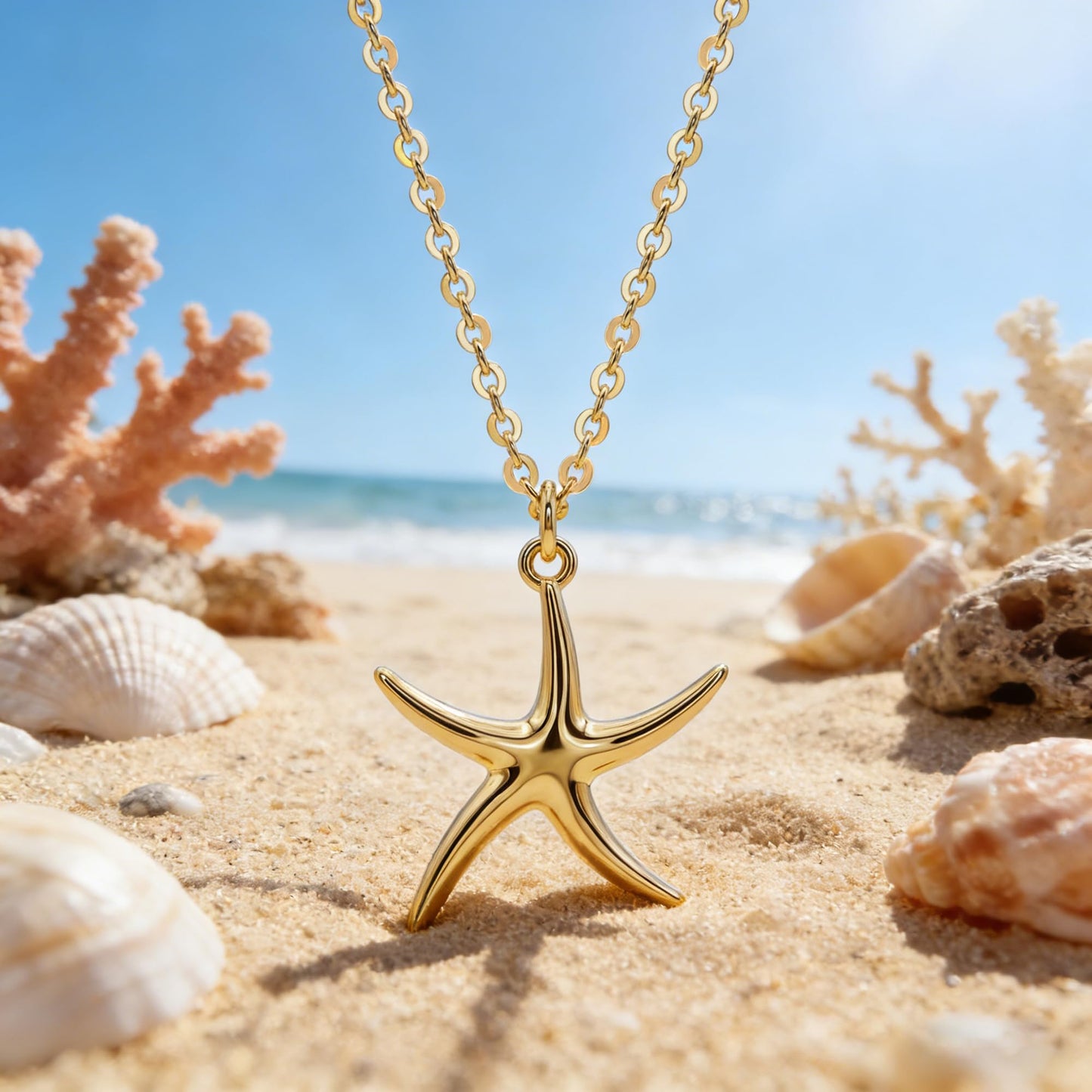 MEVECCO Dainty Gold Star Pendent Necklace for Women 18K Gold Plated Beach Cute Starfish Necklace Boho Handmade Ocean jewelry
