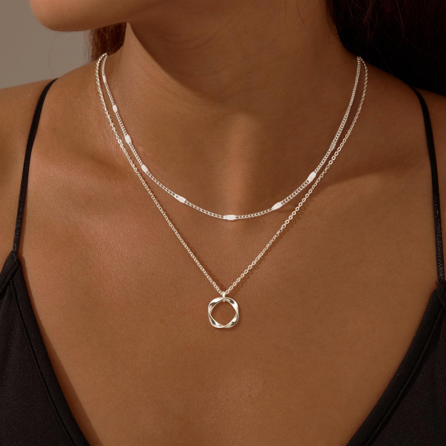 OGD Silver Necklace for Women 925 Silver Plated Trendy CZ Charms Dainty Circle Rondelle Pendant Choker Necklace for Women Two-Toned Cubic Zirconia collar Necklace Hypoallergenic Delicate Jewelry