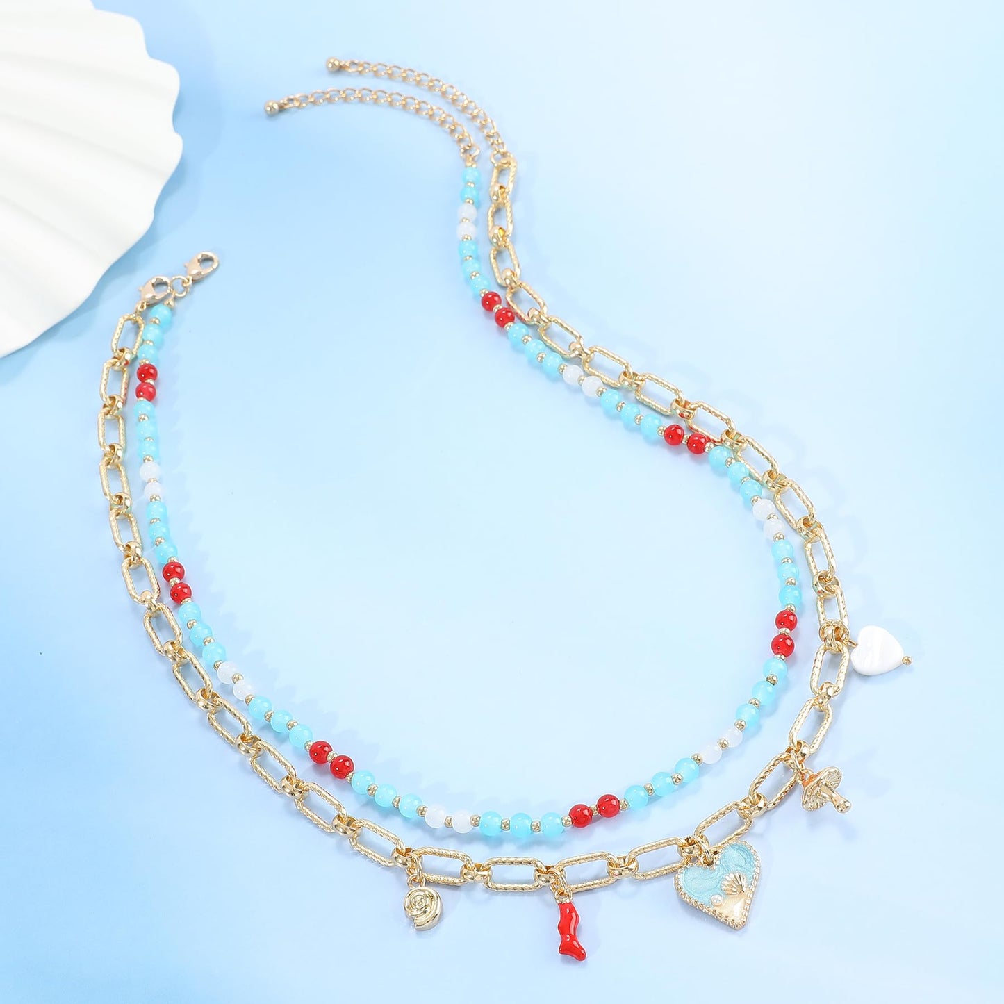 NEKOL Layered Gold Heart Necklaces for Women Western Summer Beach Ocean Vacation Gold Chain Jewelry Accessories Gifts Boho Sea Shell Conch Coral Mushroom Choker Cute Pendant Beaded Necklace Stack