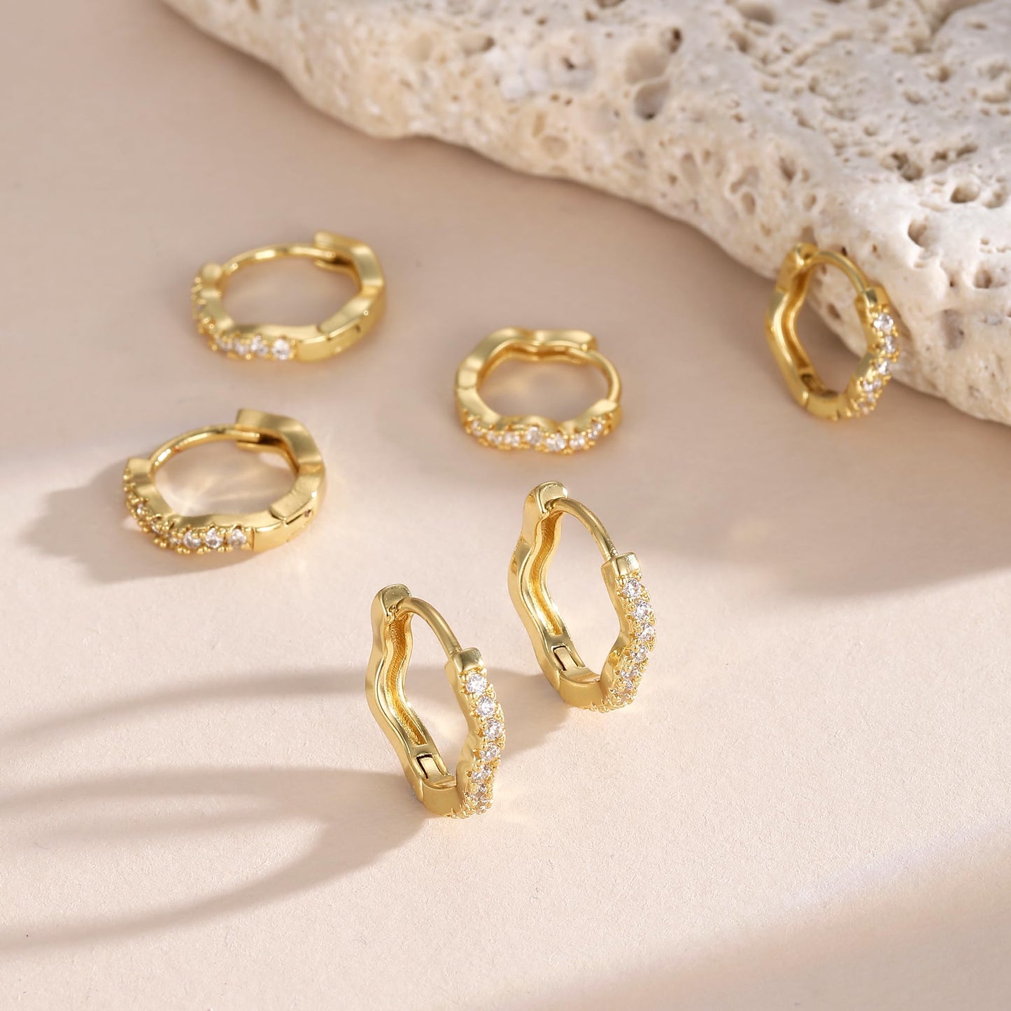 CAROVO 3 Pairs Gold Hoop Earrings for Women Trendy Dainty 14K Gold Plated Cubic Zirconia Wave Huggie Hoop Earrings Stack for Multiple Piercing Jewelry