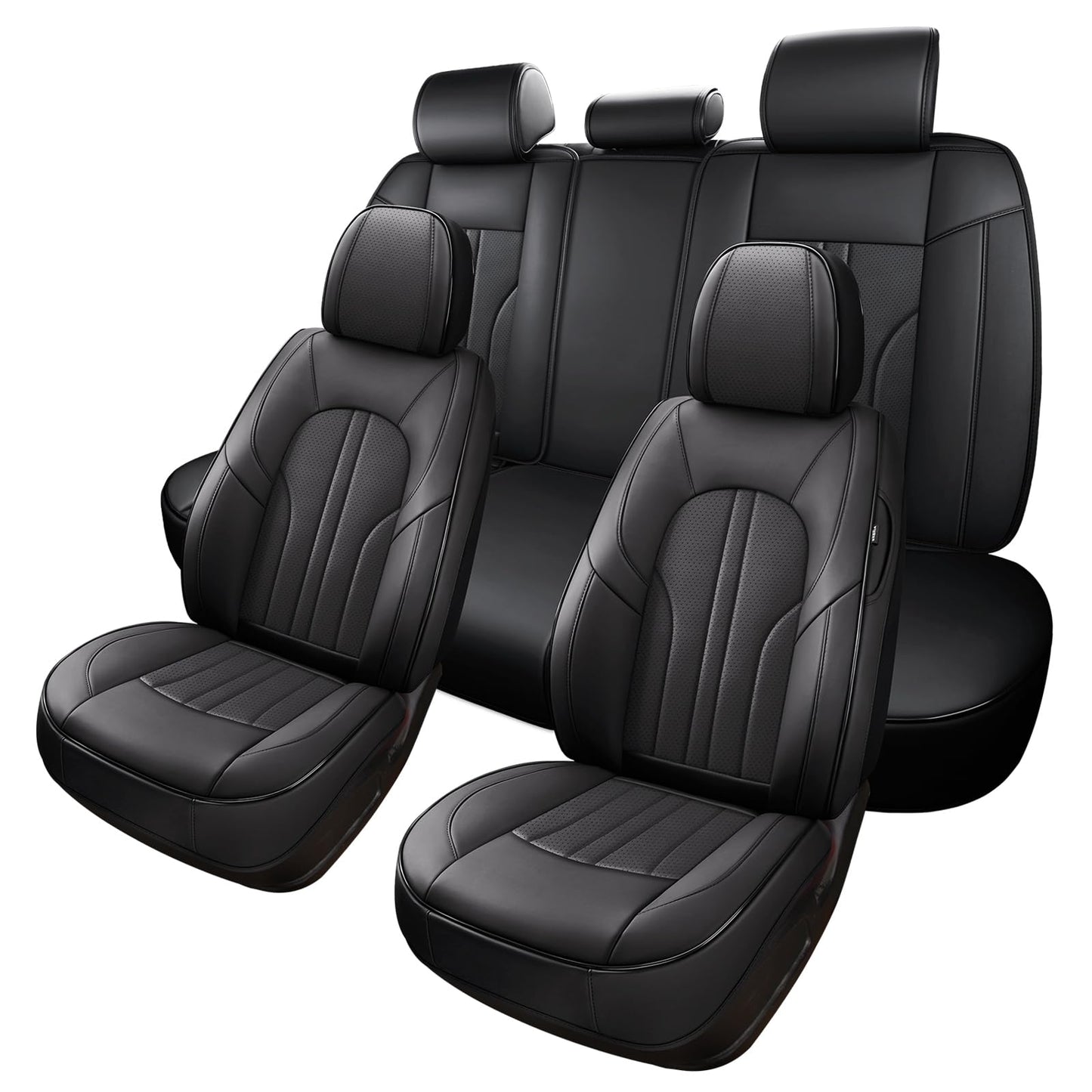 MINGBRON Car Seat Cover Full Set, Leather Car Seat Cover, Waterproof Seat Covers, Car Seat Cushion, Nappa Leather Seat Covers Car Seat Protector Universal Fit Most Cars Black