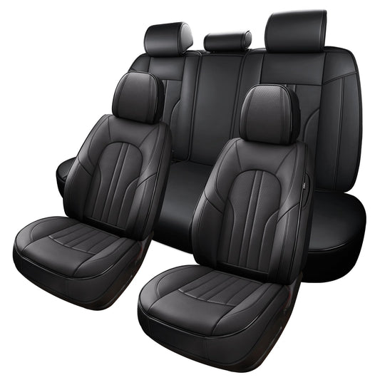 MINGBRON Car Seat Cover Full Set, Leather Car Seat Cover, Waterproof Seat Covers, Car Seat Cushion, Nappa Leather Seat Covers Car Seat Protector Universal Fit Most Cars Black