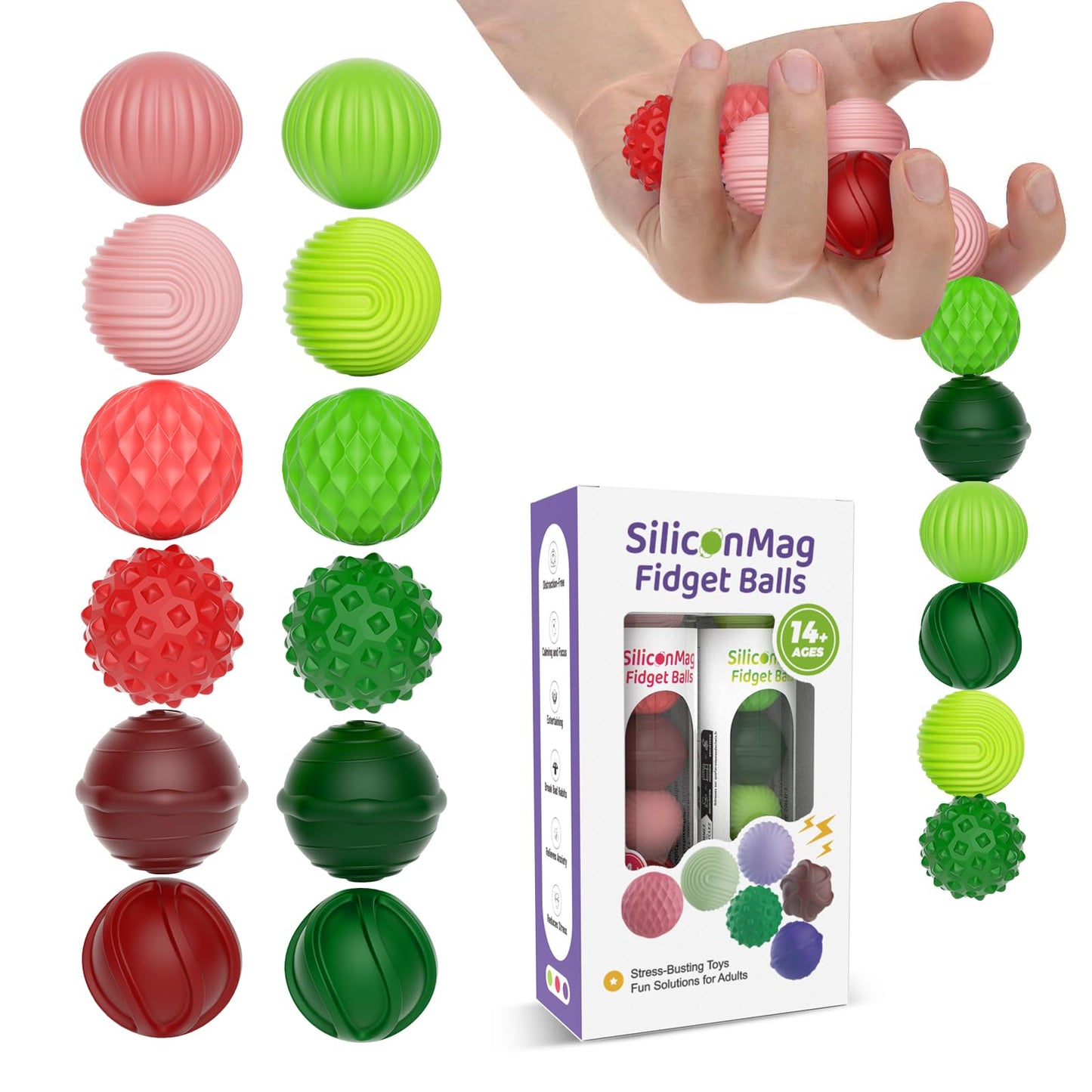 Silicone Magnetic Balls, Fidget Toys, 12-Pack Stress Relief Toys for Adults, Teens, Sensory Toy for Fingers Hands, Quiet Office Desk Toys with Textures, Magnet Fidget Fun Gift (2 Pack(Green+Red))