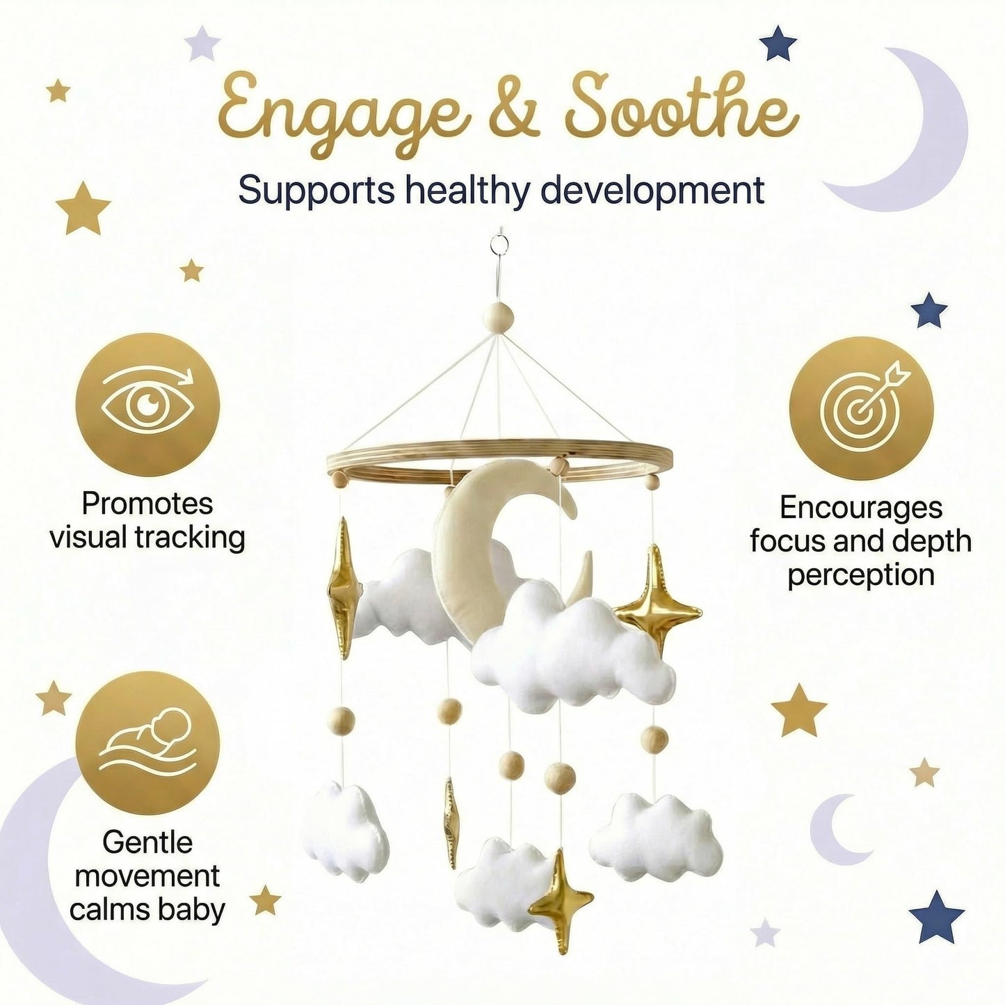 Emmnnic Baby Mobile for Crib - Handmade Modern Boho Baby Mobiles for Bassinet Felt Nursery Mobile Gender Neutral - Gold Moon and Stars - Girl Cribs Decorations
