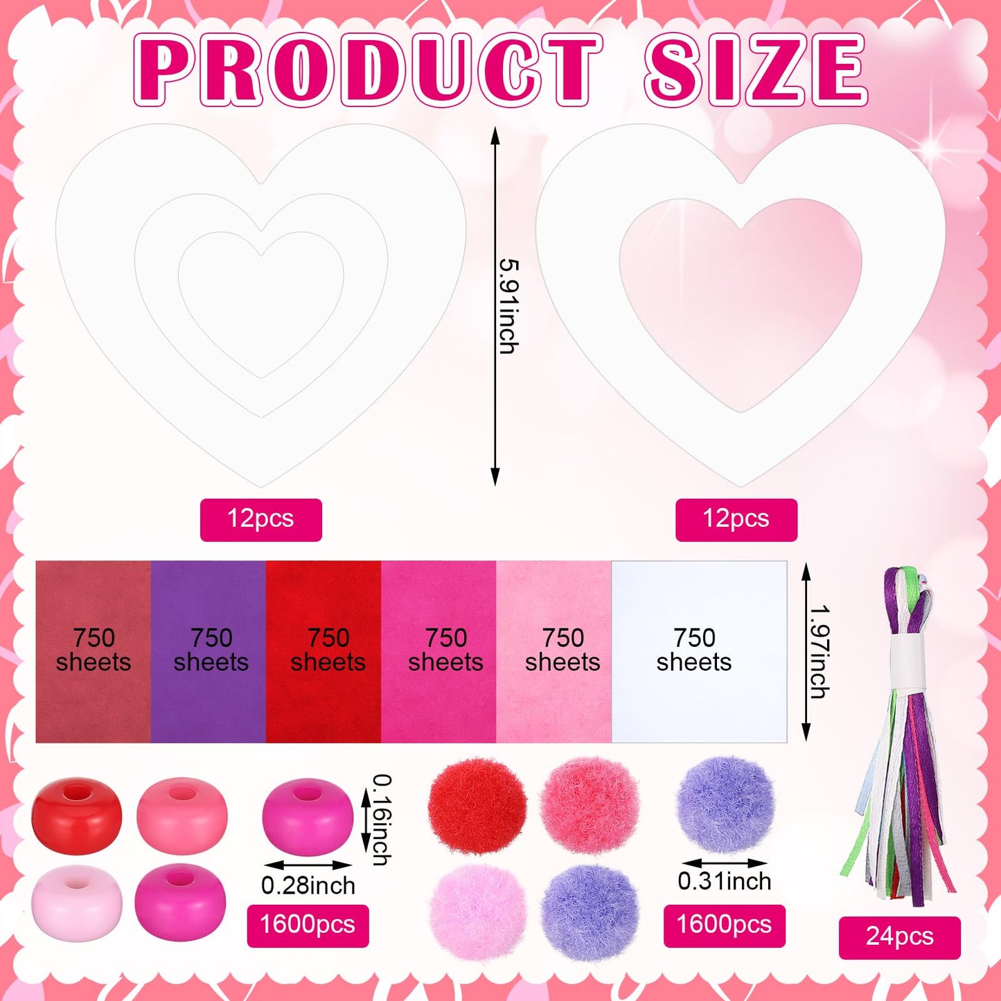 Jetec 24 Sets Mothers Day Gift Heart Paper Craft Kits Galentines Hanging Ornaments Craft Kit with Pom Poms Tissue Wreath DIY for Home Party Favors(Paper,Beads, Balls)