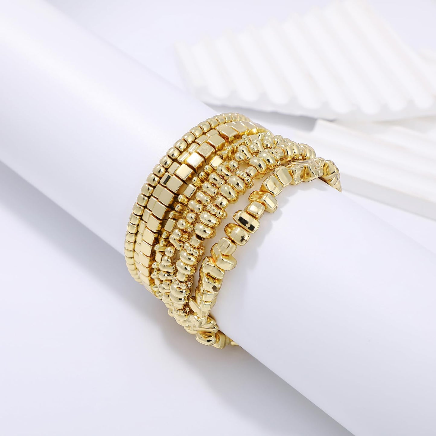 Sajidos Gold Plated Beaded Bracelets for Women Trendy, 14K Gold Plated Stack Cross Pearl Gold Plated Bead Stretch Bracelets Set Elastic Hypoallergenic Bracelets Jewelry Gifts