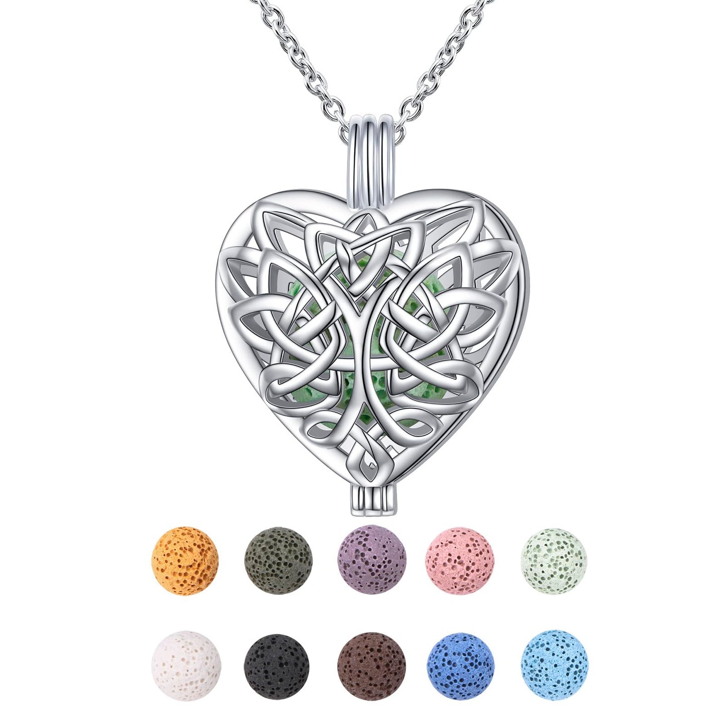 S925 Sterling Silver Aromatherapy Essential Oil Diffuser Necklace Love Heart Celtic Knot Tree of Life Locket Perfume Pendant Necklace Jewelry 18+2 inches Adjustable Chain with 10 PCS Stones
