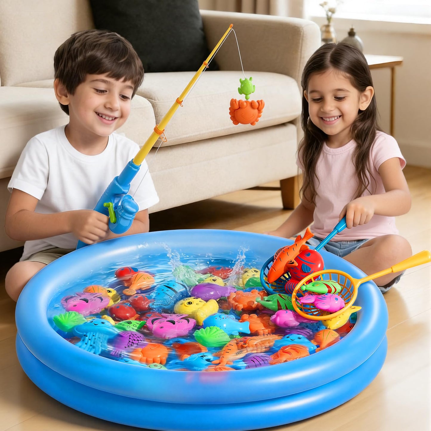 BLmukce Magnetic Fishing Game Toys with Inflatable Pool for Toddlers 1-3 3-5, Kids Bathtub Pool Water Table Toys, Birthday for 2 3 4 5 6 Year Old Boys Girls