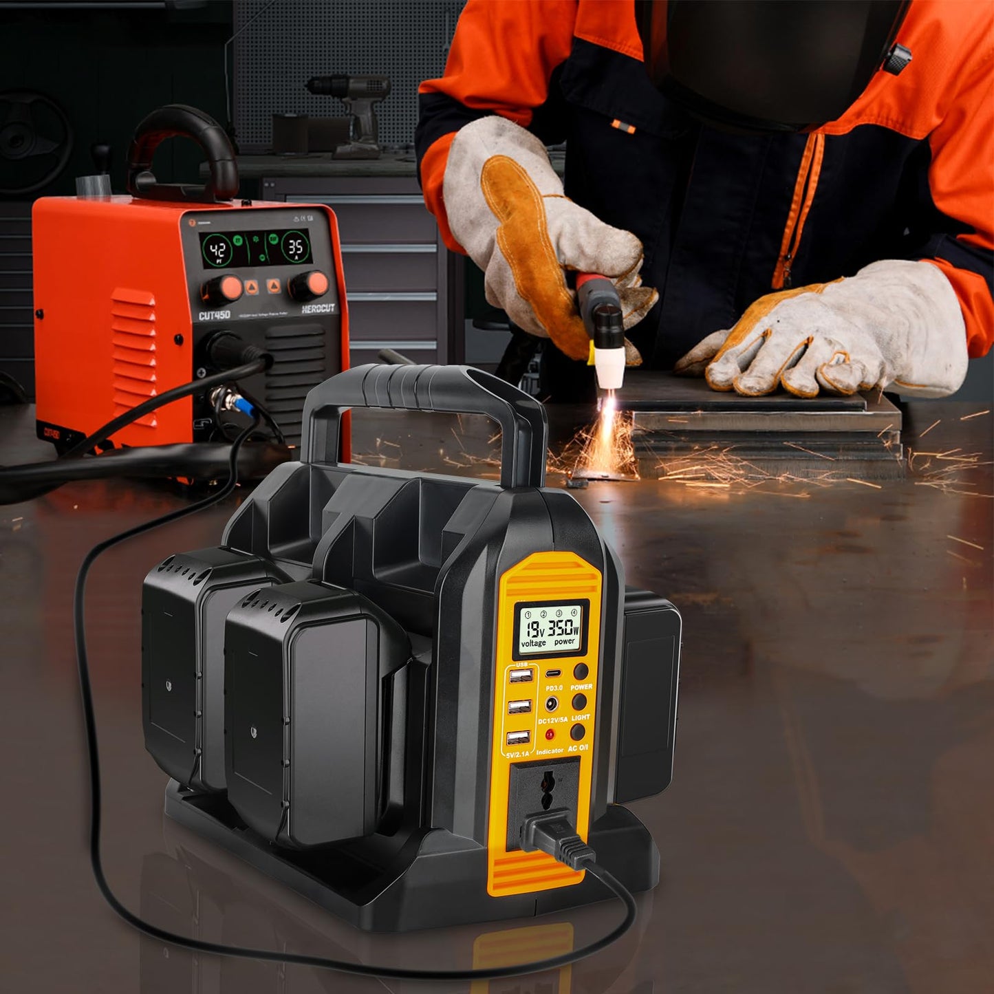 350W Power Inverter for Dewalt 20V 60V Li-ion Battery, 4-Port 20V to 120V Pure Sine Wave Inverter with LED Light, 3 USB-A Port, 1 USB-C Port, 1 DC Port, Power Station for Outdoor Camping (Tool Only)