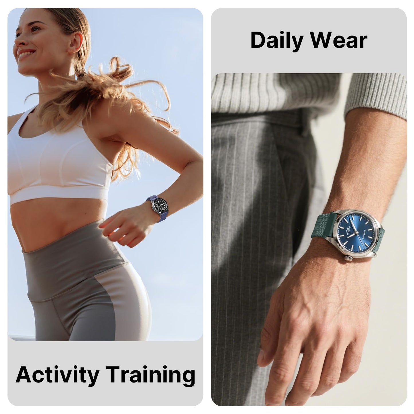 Fullmosa Magnetic Braided Watch Bands - 18mm 20mm 22mm Quick Release Watch Strap, Stretchy Nylon Solo Loop Compatible with Garmin Samsung Galaxy Amazfit for Men Women(20mm, Green+Blue Grey)