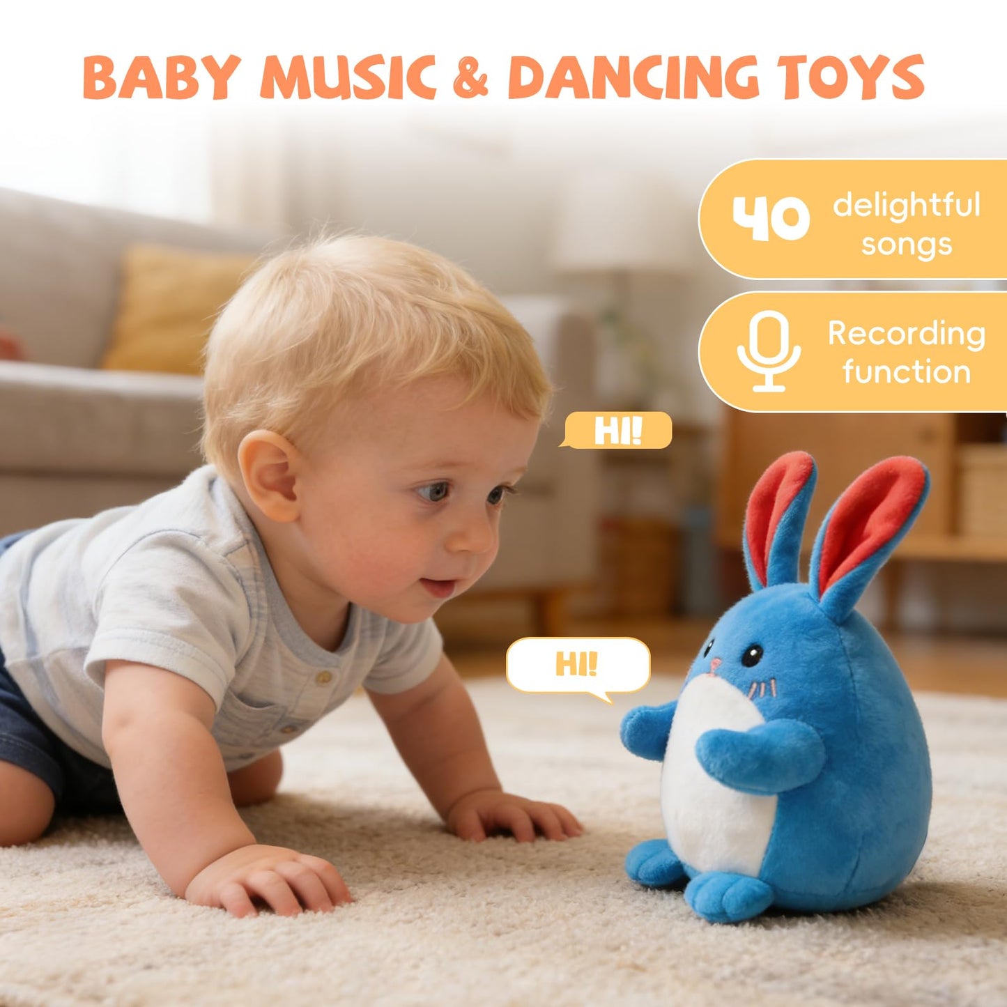 SAIMAND Baby Toys 6-12 Months, Crawling Bunny Baby Toy with 48 Songs & Record Repeat, Interactive Musical Plush Toy for Babies, Rechargeable Dancing Stuffed Animal, Sensory Toy for Toddlers 1-3