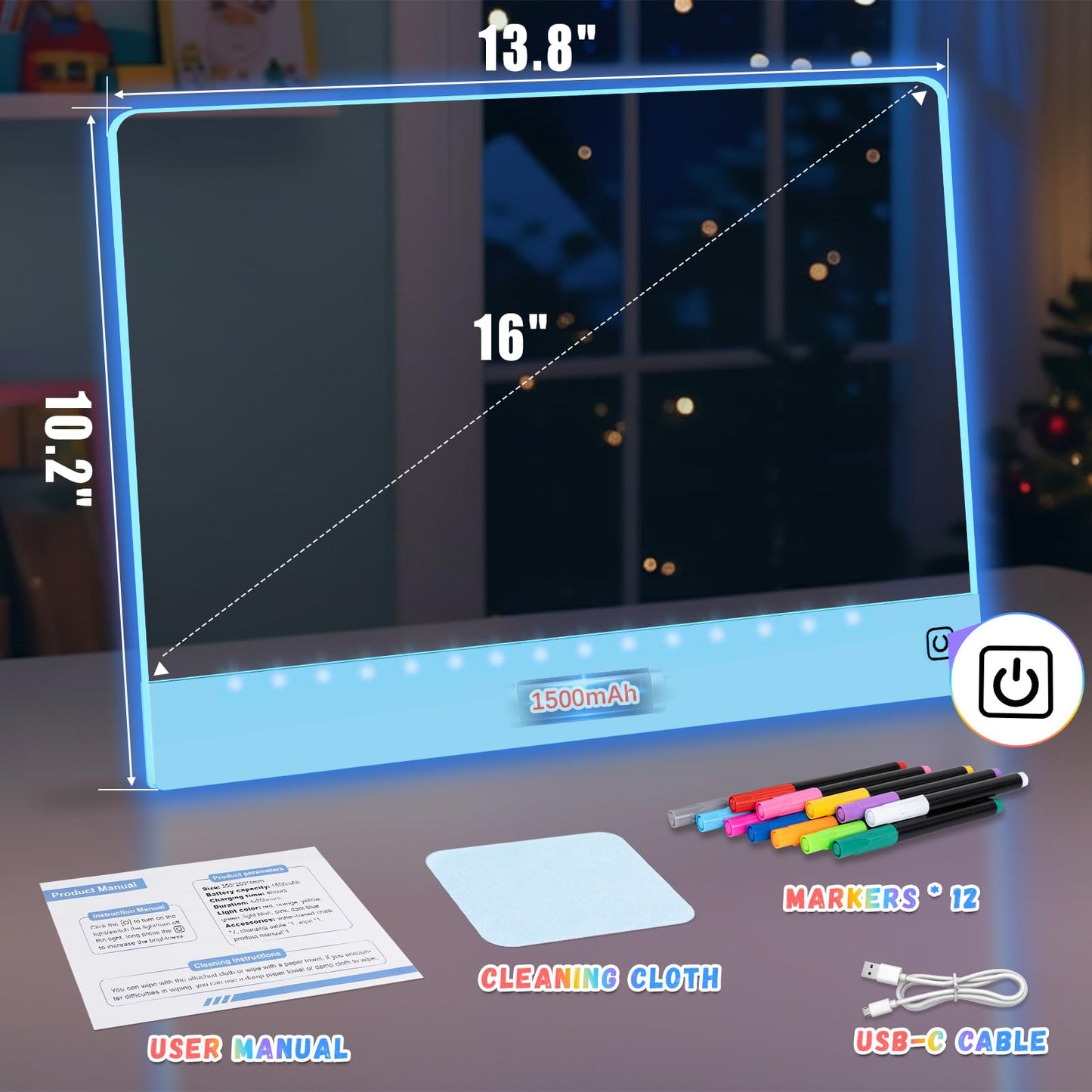 16" Led Drawing Board for Kids Rechargeable, Portable Doodle Glow LED Note Board with 7 Colors, Light Up Acrylic Dry Erase Lumi Board with Stand, Easter Gifts Teen Gifts Boys & Birthday Gifts(Blue)