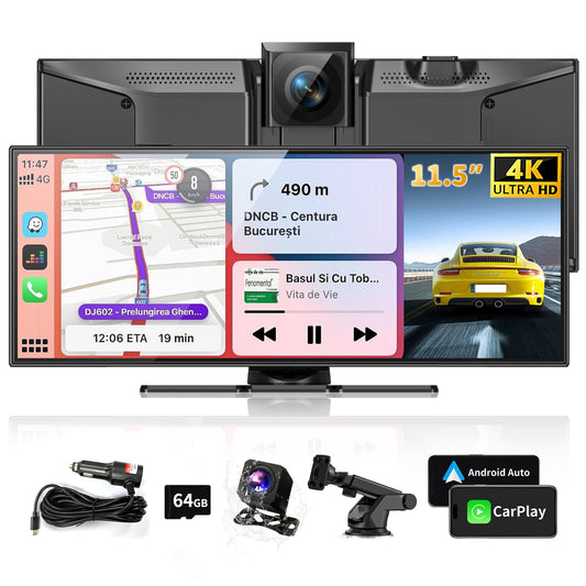 Largest 11.5" Portable Carplay Screen for Car, 4K Wireless Car Play & Android Auto, Upgrade Touchscreen with Dash Cam, App Control/Loop Recording/Backup Camera/Mirror Link/GPS/FM for All Vehicles