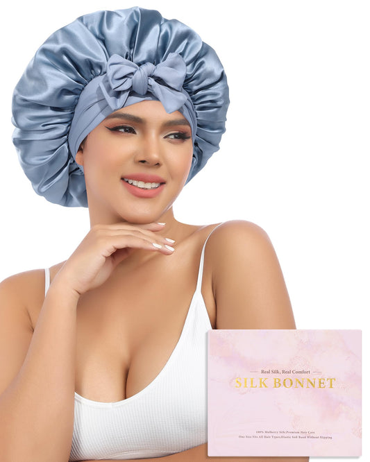AWAYTR Silk Bonnet for Sleeping Women 100% Mulberry Silk Bonnet with Band 2 Layer Reversible Hair Bonnet Sleeping Hair Wrap (Silk, Haze blue/Sky blue)