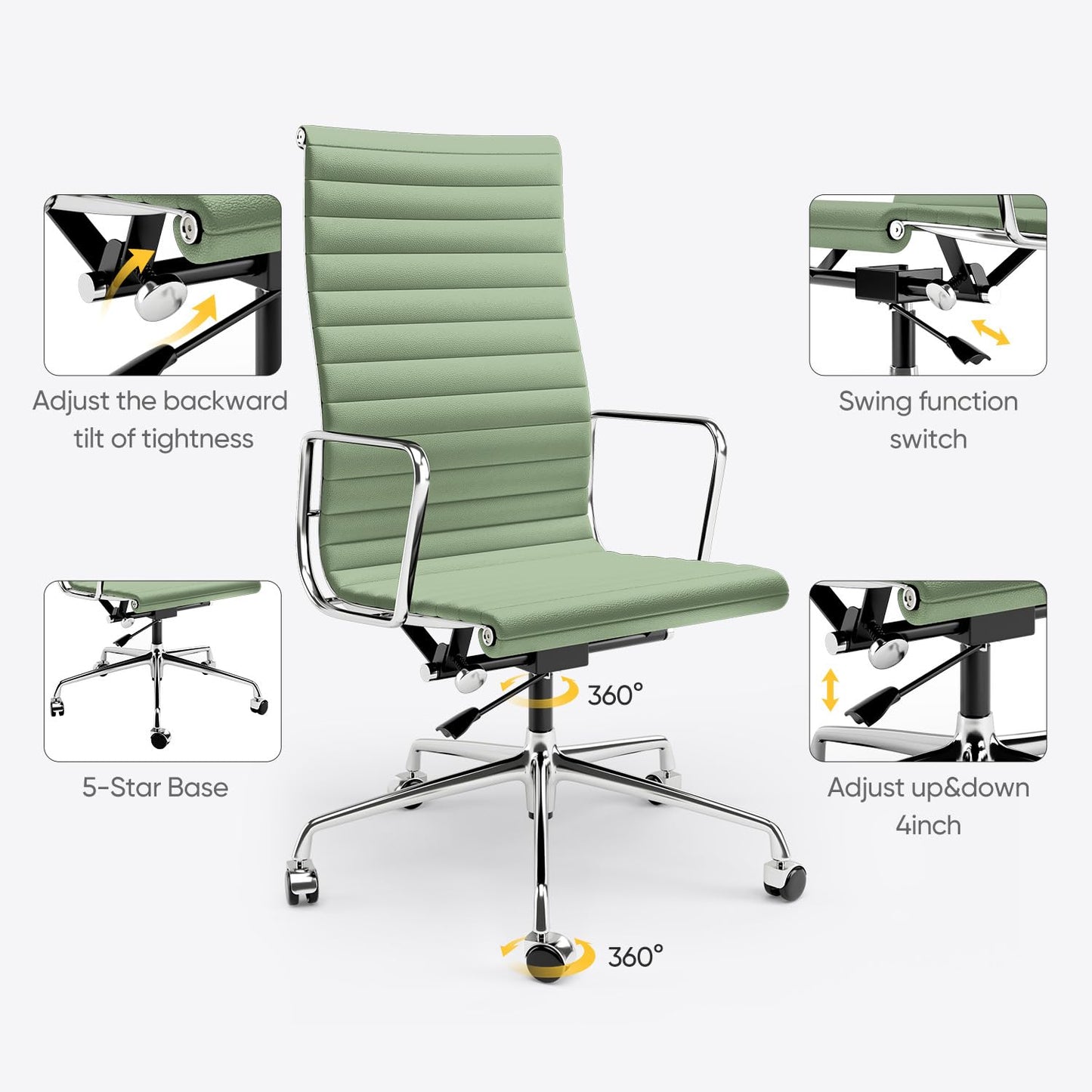 OTDMEL Ribbed Office Chair with Top Grain Leather - High Back Ergonomic Desk Chair with Aluminum Arm Rest and 5-Star Base, Swivel Chairs Light Green
