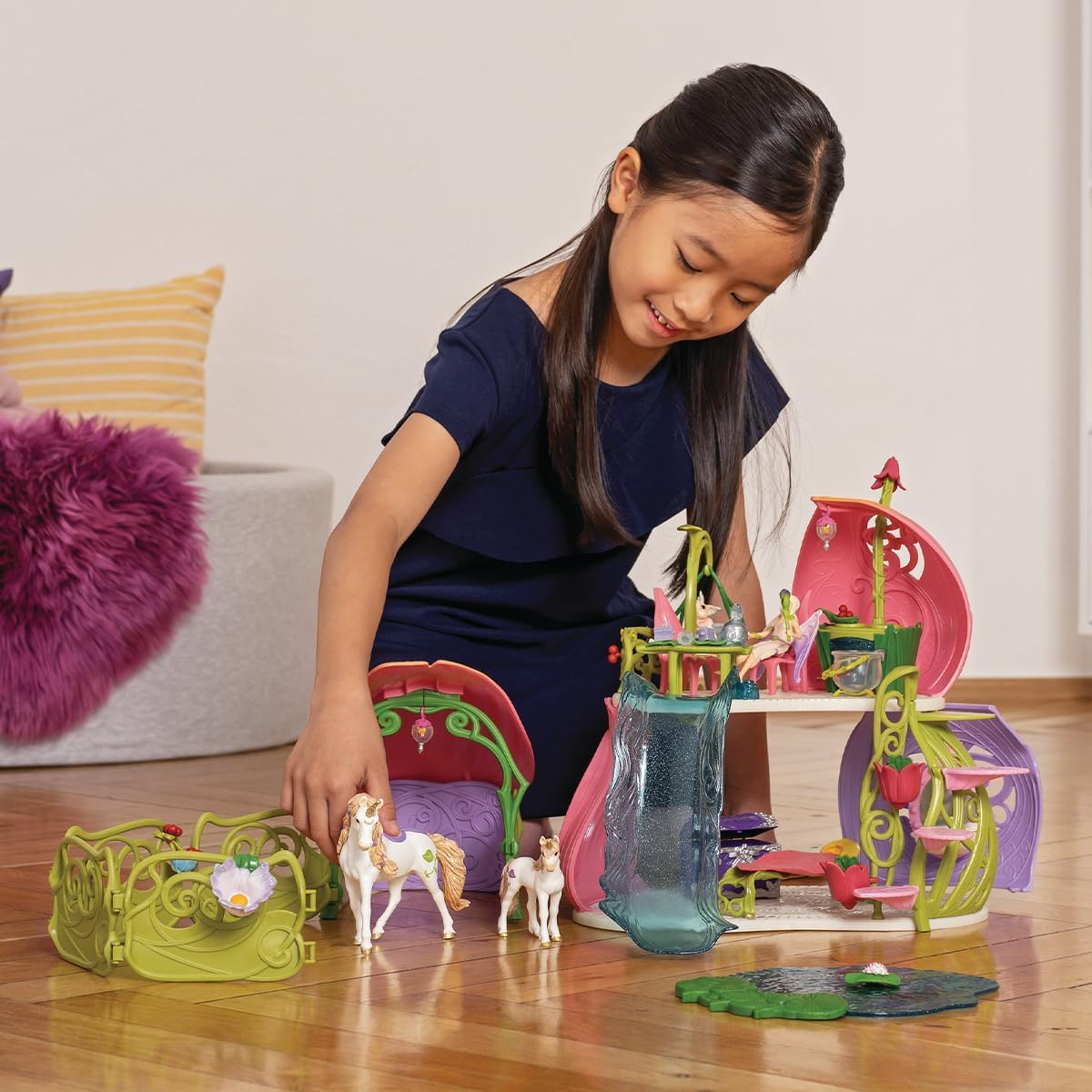 Schleich Bayala - 71 PC Glittering Flower House Playset with Fairy Figure, 2 Cute Unicorn Toys and Fairy Dollhouse Accessories for Girls and Boys - Fantasy Figurine Animal Set for Kids Ages 5+ | 42445