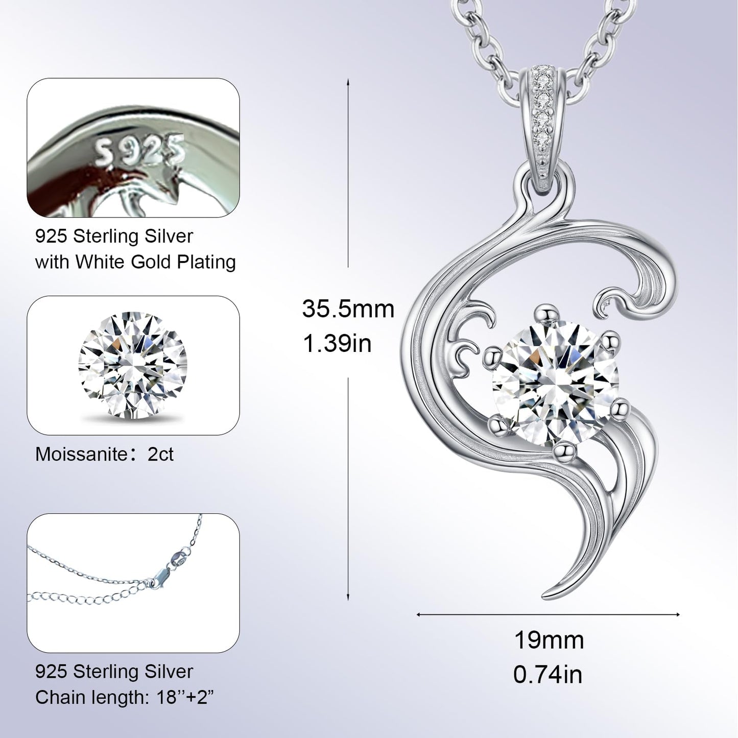 Sebina 2 Carat Moissanite Necklace 925 Sterling Silver Jewelry AAAAA Cubic Zirconia Wave Pendant Necklace Best Gifts for Mom Women Girlfriend Grandma Friend Lover Her Wedding Birthday Anniversary