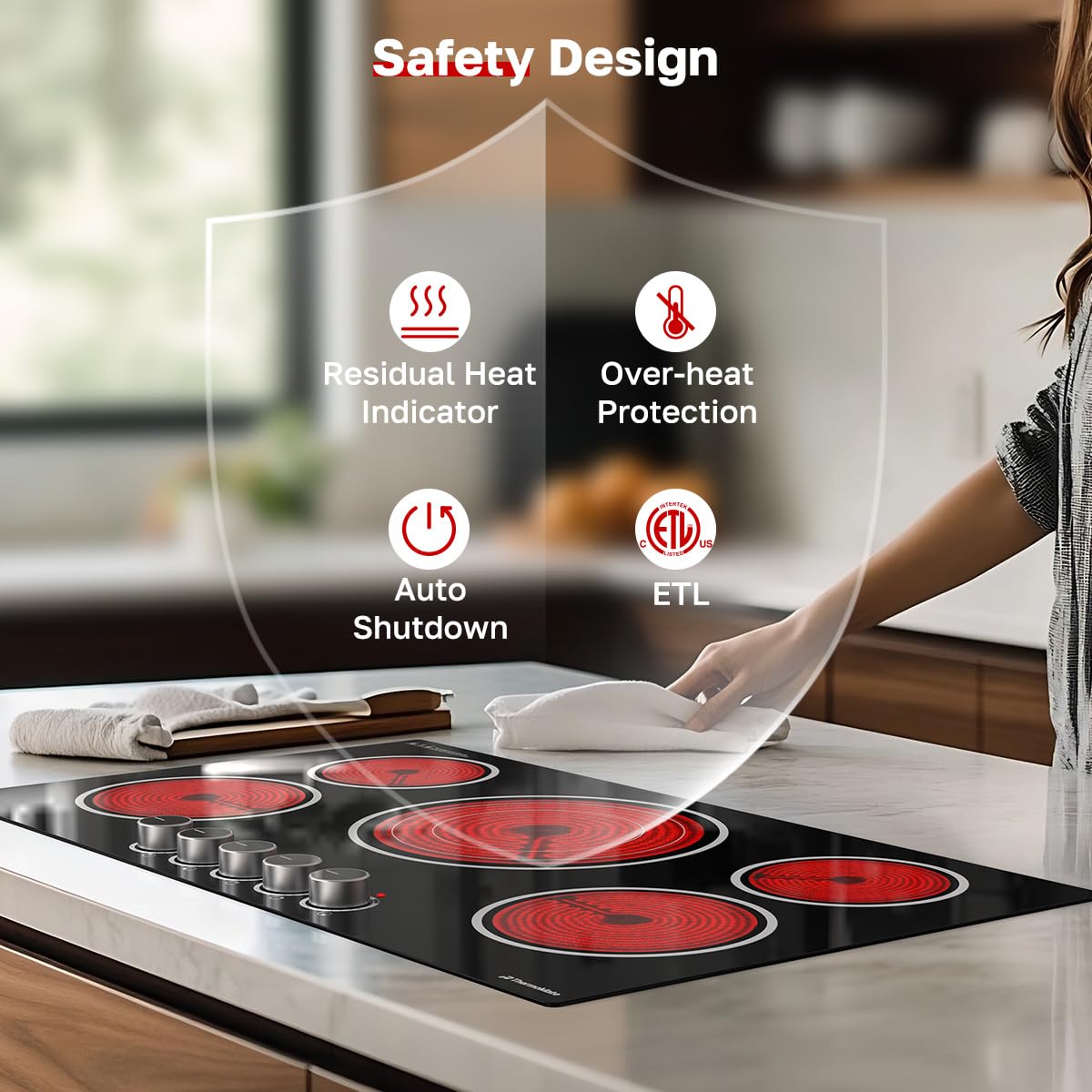 ThermoMate 36 Inch Electric Cooktop, 5 Burners Knob Control Built-in Ceramic Cooktop, 30" Radiant Electric Stove Top of 9000W with 9 Heat Levels, Hot Surface Indicator, 220-240v, Hard Wired