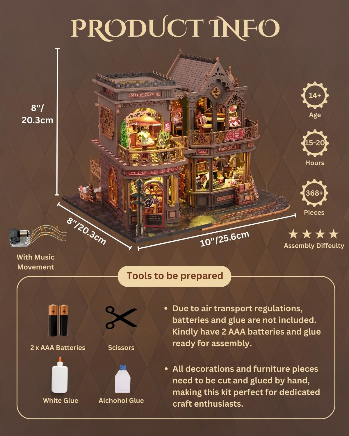 Jorivel Letter Coffee DIY Miniature House Kit with LED Light - Assembled Dollhouse Kit for Shelf Decor - Wood 3D Puzzles Tiny House Book Nook - Creative Gift for Adults at Christmas Halloween Birthday
