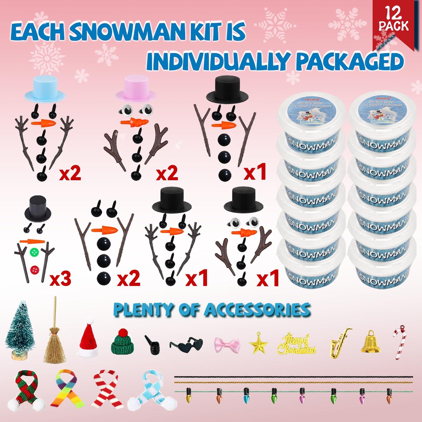 PasTard 12 Pack Build A Snowman Kit Large Quantity Ultralight Clay Big Snowman Family Activities for Kids and Adults Crafts DIY Kit Snow Man Craft Kits for Girls Boys Gift