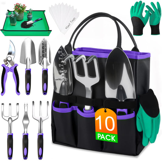WOWBOX Garden Tools Set - 10 PCS, Heavy Duty Gardening Hand Tools Kit with Storage Tote, Rust-Resistant Gardening Supplies for Planting with Non-Slip Ergonomic Handle for Women and Men (Purple)