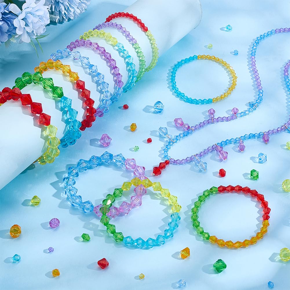 PH PandaHall 2310pcs Crystal Beads for Jewelry Making 4mm 6mm 8mm 10mm Acrylic Faceted Bicone Beads Transparent Loose Bead for Bracelet Necklace Earring Jewelry Making and DIY Craft, 7 Colors