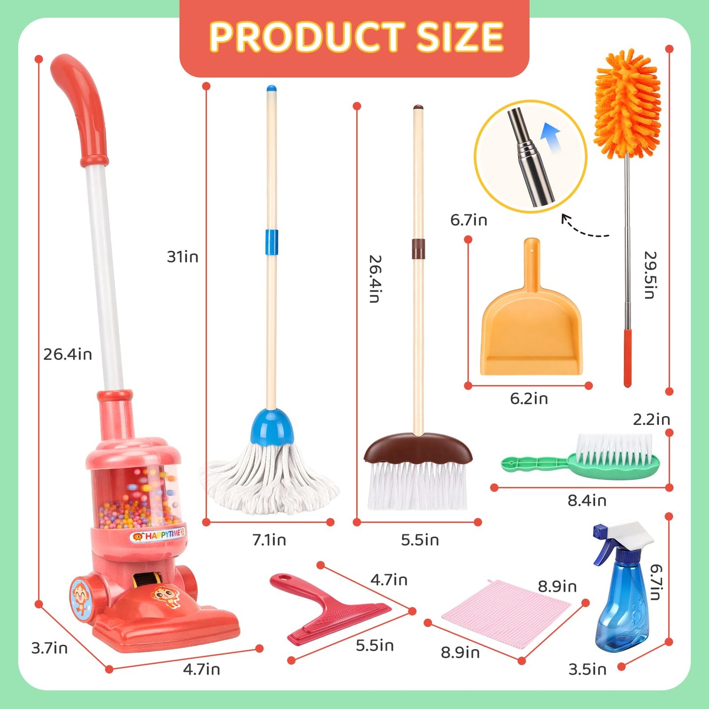 Meland Kids Cleaning Set - 8Pcs Toddler Broom and Toy Vacuum Cleaner, Pretend Play Children House Cleaning Toys, Christmas Birthday Gift for Girls and Boys