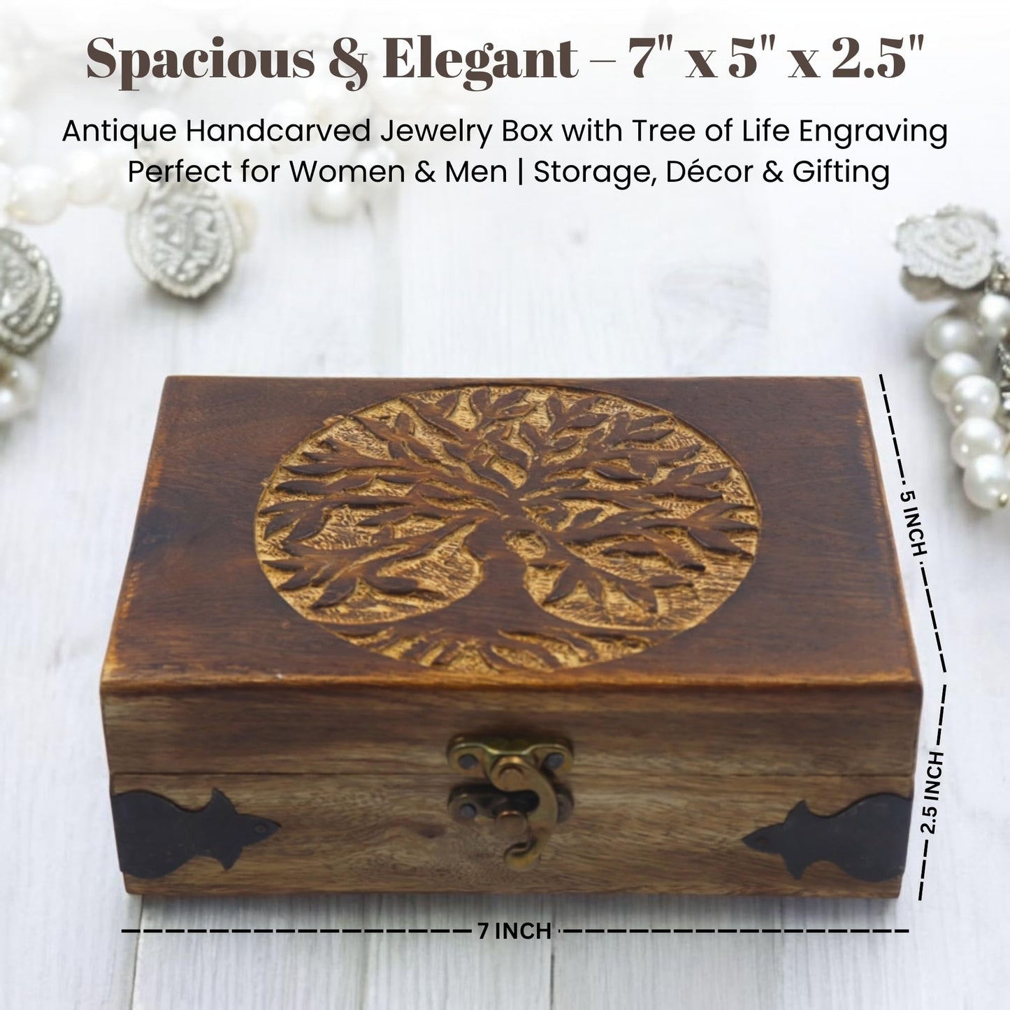 Hind Handicrafts Handmade Wooden Jewelry Box with Tree of Life Engraving – Antique Handcarved Keepsake Organizer for Women & Men | Solid Wood Storage Box for Jewelry, Trinkets, Gifts & Home Décor