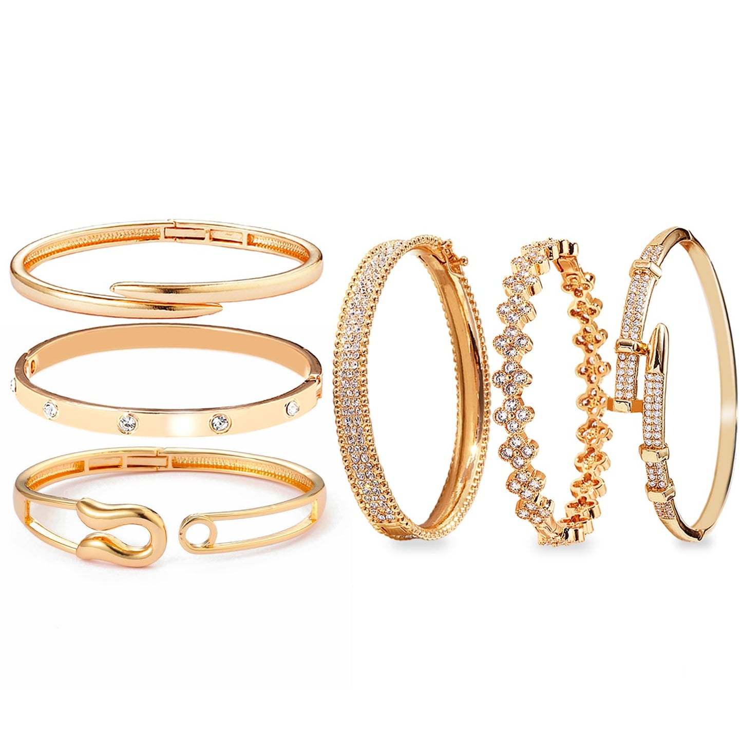 6-Piece 18K Gold Plated Bangle Bracelet Set for Women - Clover, Rivet & Safety Pin Designs, Stackable Trendy Jewelry, Zinc Alloy with Rhinestones, Tarnish & Oxidation Resistant, Gift for Her, Girlfriend, Wife, Mom, Sister, Lover on Birthday, Christmas, Va