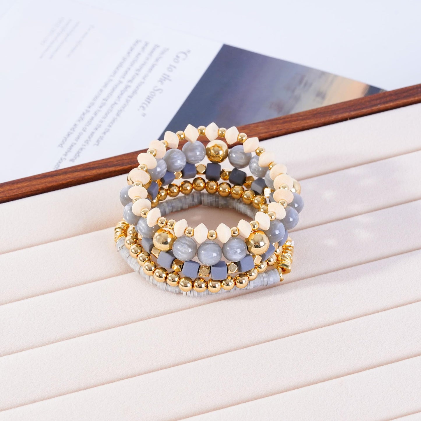 Aigrnc Boho Beaded Stretch Bracelets For Women Stackable Crystal Gold Plated Beaded Bracelets Set Trendy Handmade Friendship Braeclet Jewelry Gifts(F-Wooden bead set)