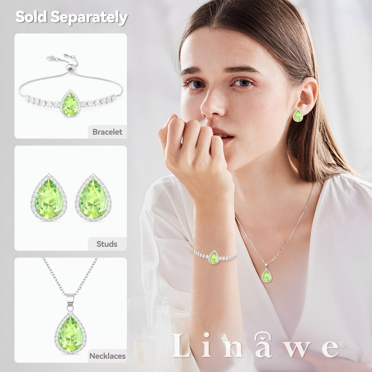 Linawe Silver Necklace for Women, Choker Necklace Chains Crystal Pendant Necklace, Green Imitation Diamond Moonstone Birthstone Rhinestone Cubic Zirconia Aesthetic Jewelry