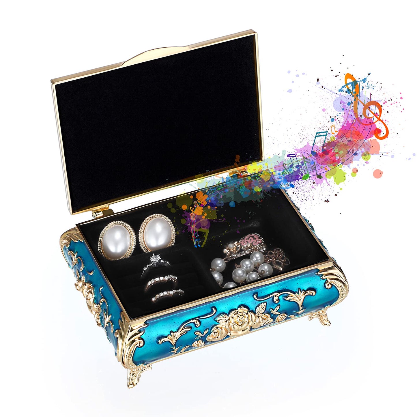 ELLDOO Vintage Music Box, Blue Metal Musical Jewelry Box Keepsake Box, Small Trinket Jewelry Storage Box Gift for Girl Women (Tune: You are My Sunshine)