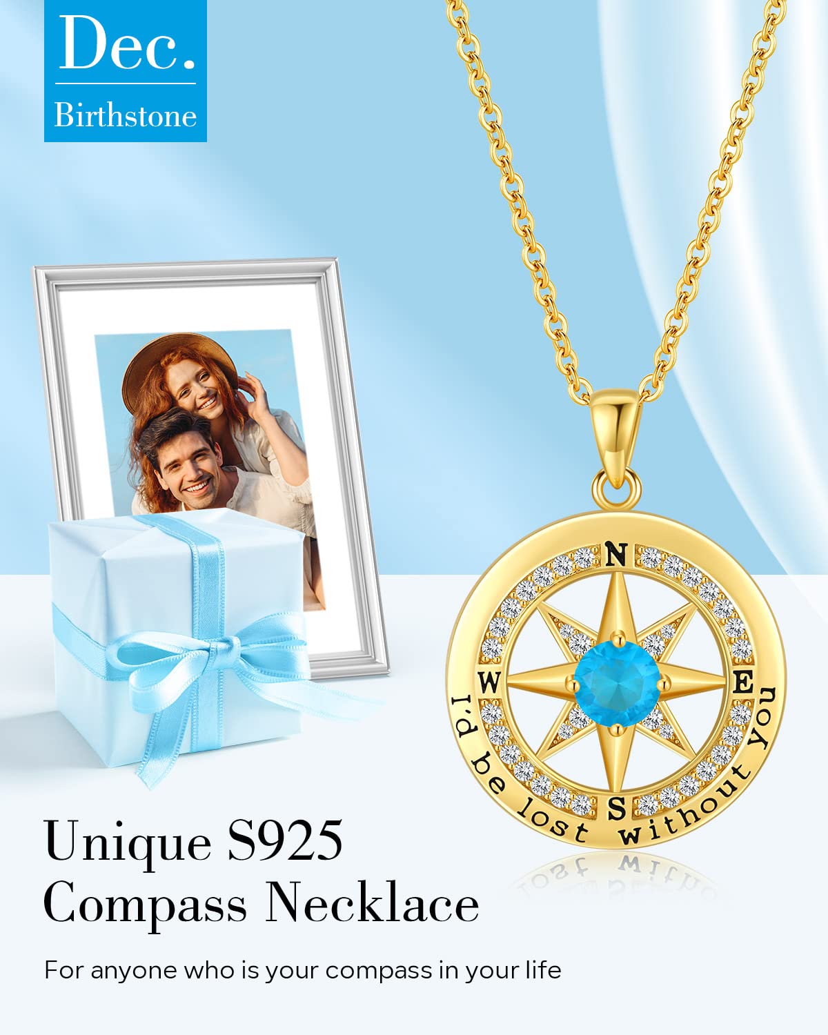 S925 Necklace Gift for Wife, Compass Jewelry Women Anniversary, Sterling Silver Girlfriend Birthday Gifts for Her Valentines Id be Lost without You Jewel 18K Gold Dec 12