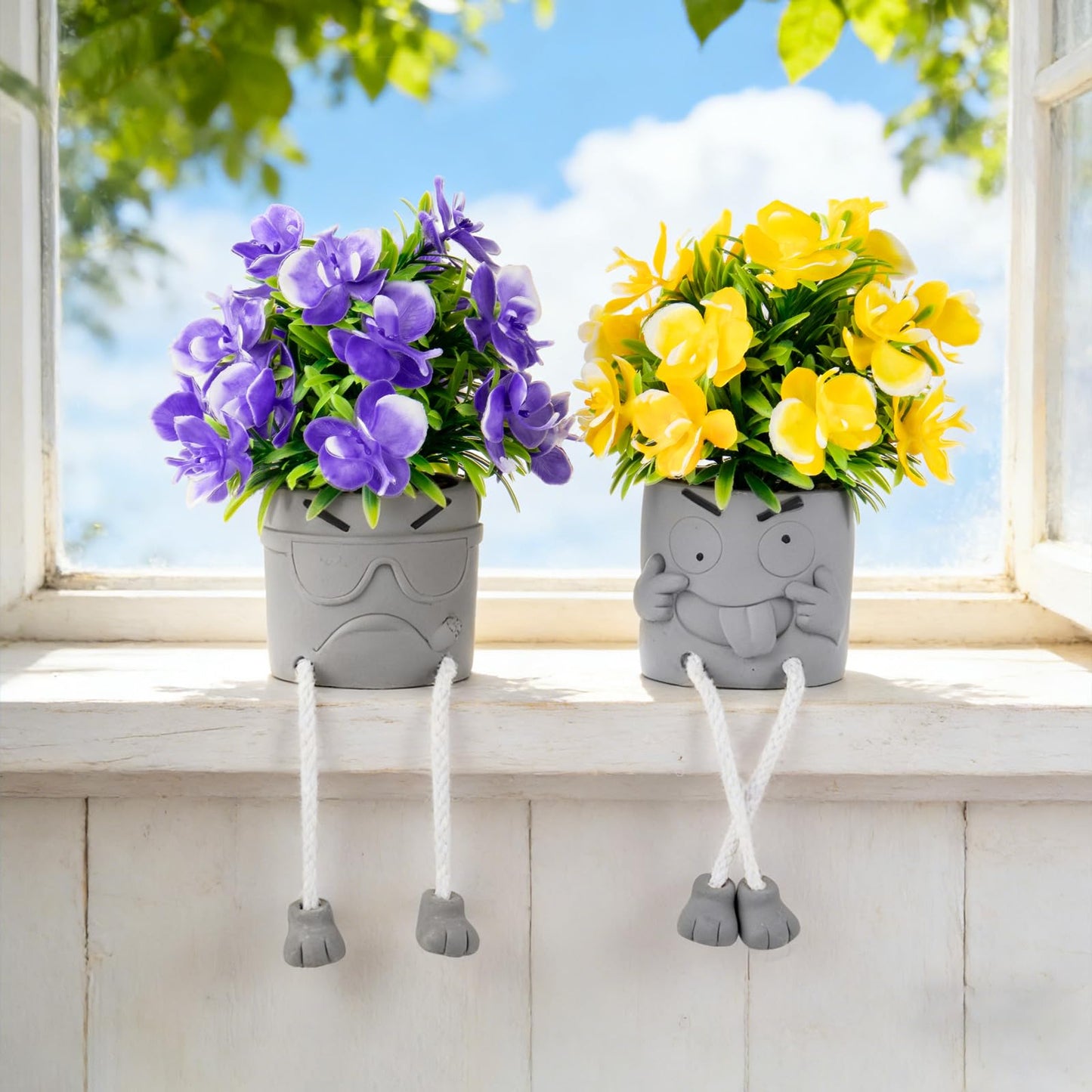 Zerzsy Set of 2 Cute Artificial Plants with Hanging Legs Fake Plant Flowers Summer Spring Decor - Desk Decor for Women -Small Faux Plants Office Shelf Decorations