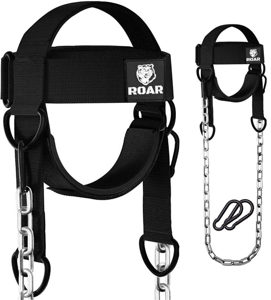 Roar® Neck Harness for Weight Training with Steel Chain & Heavy-Duty D-Rings – Padded Neoprene Head Strap, 4-Way Neck Strength Trainer for MMA, Boxing, Wrestling & Gym – Adjustable, Comfortable & Durable