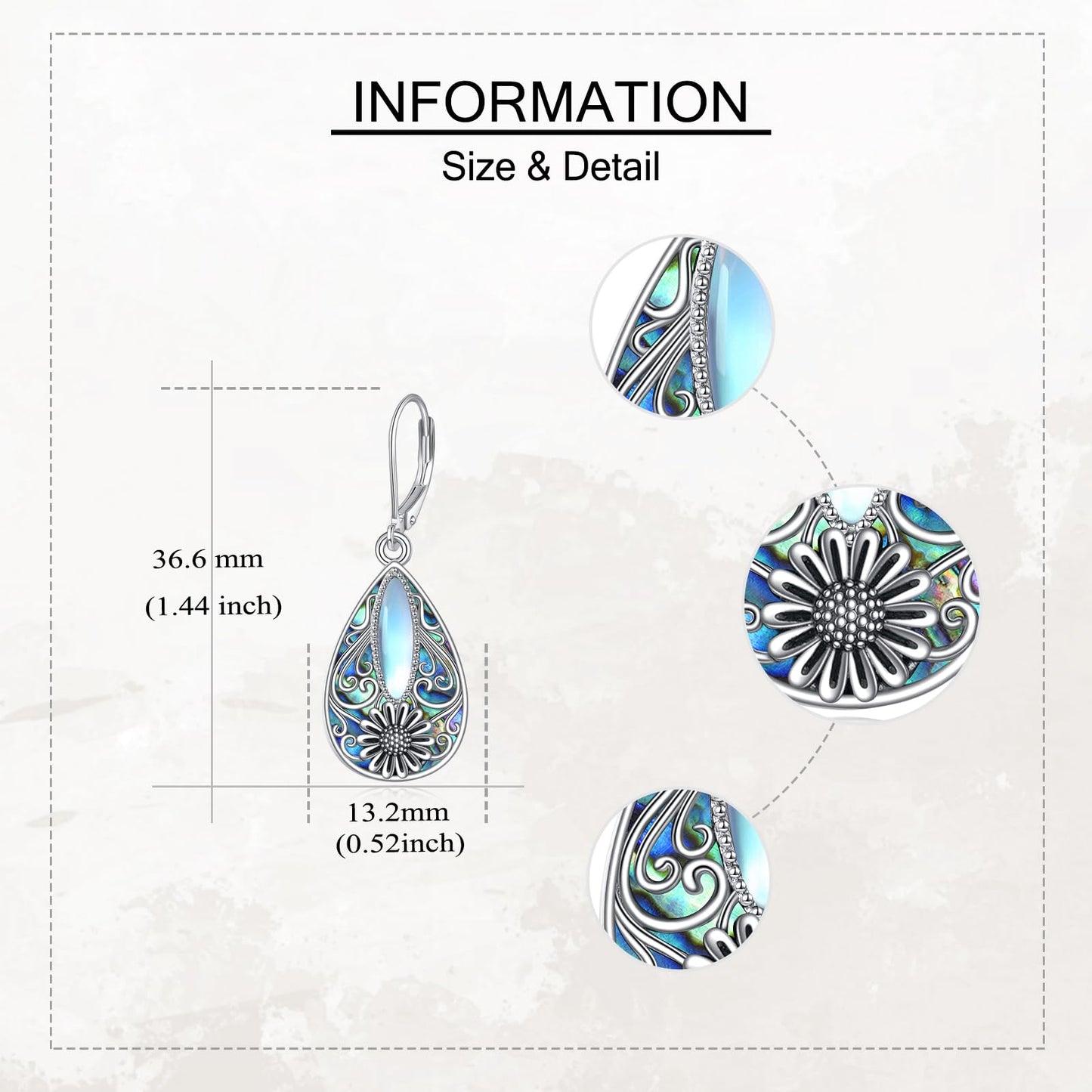 Sunflower Filigree Earrings Sterling Silver Teardrop Abalone Shell Drop Dangle Filigree Leverback Earrings Gifts for Women Jewelry