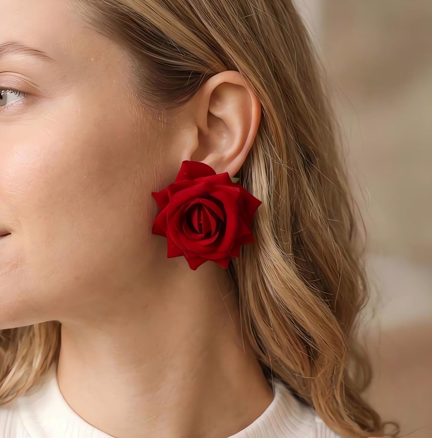 ALRNBY Rose Earrings for Women Flower Earrings Red White Purple Floral Earring Big Stud Prom Jewelry Alt Elegant Jewelry Wedding Bridal Bridesmaid (Red)