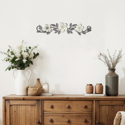 Wesiti Metal Flower Wall Decor Vintage Spring Metal Flower Wrought Iron Scroll Sculpture 15.7''x3.7'' Farmhouse Leaf Wall Decor with Nails for Spring Living Room Bedroom Indoor Outdoor(White)