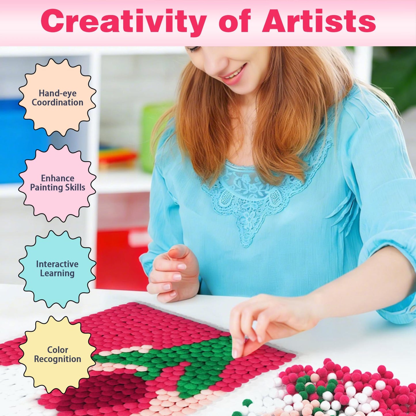 URSDIART Tulip Pom Pom Art Kit for Adults,Perfect Pompom Arts and Crafts Painting Kit,Colorful 1000+ Pom Poms and Supplies Included,Creativity DIY Pom Pom Paintings Project Supplies