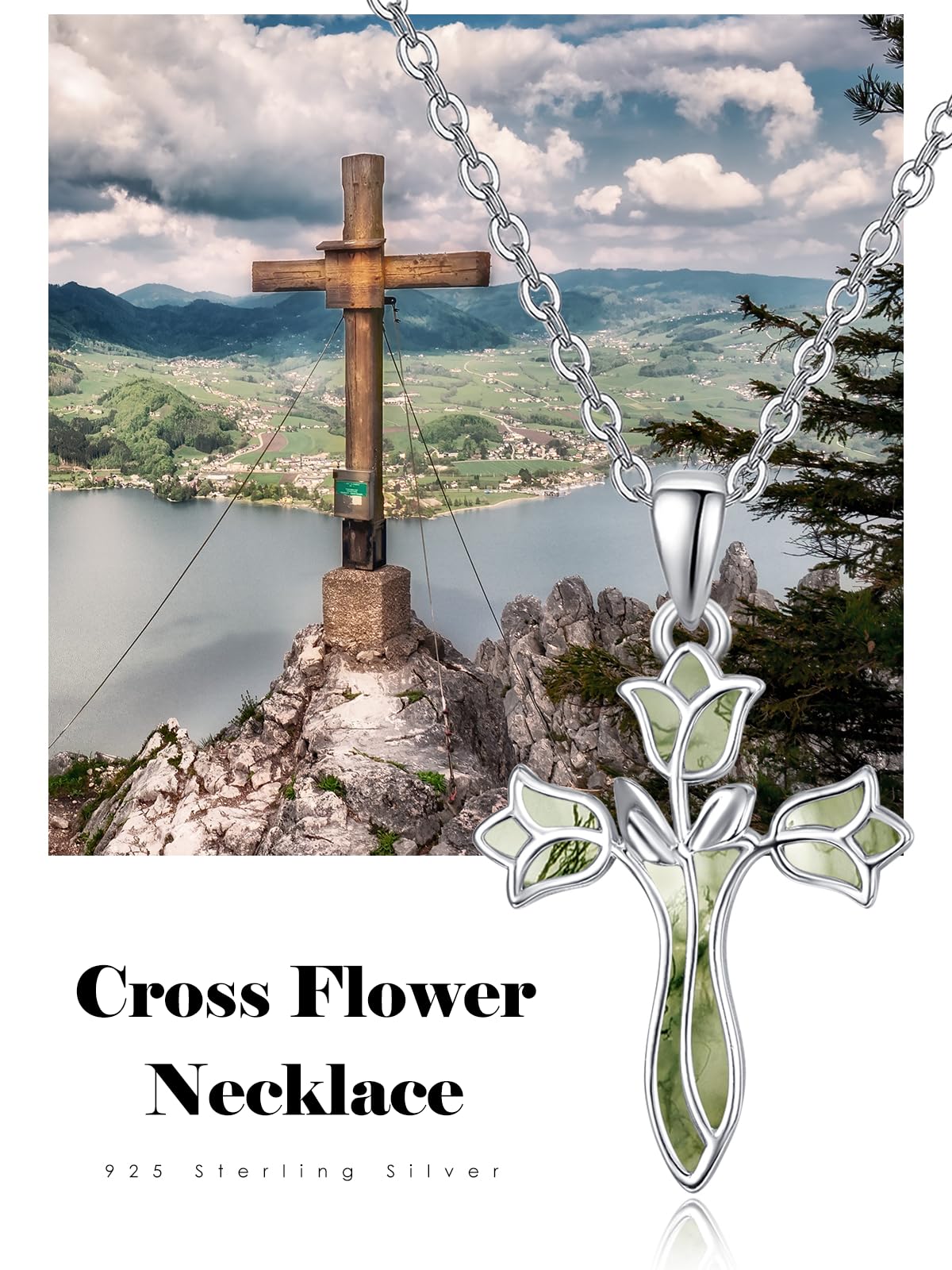 Dreamboat Cross Necklace for Women Sterling Silver Cross Pendant Christian Necklace Tulip Rose Moss Agate Faith Confirmation Gifts Religious Jewelry for Mom