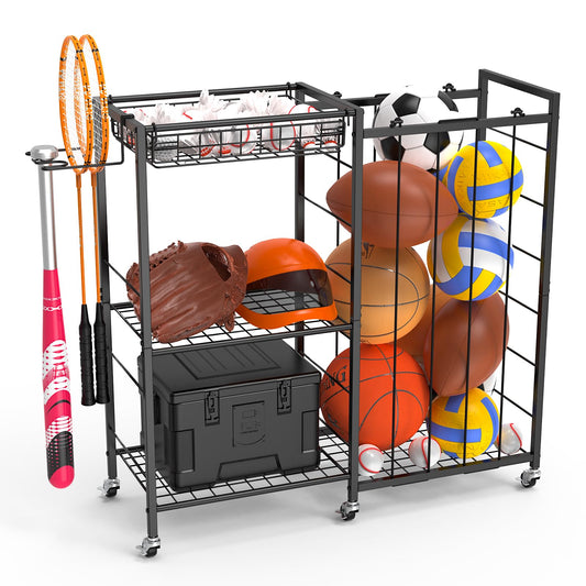 Multi-Functional Sports Equipment Organizer with Elastic Rope, Removable Basket & Racket Holders - Heavy-Duty Organizer for Balls, Tennis/Badminton Rackets - Ideal for Garage, Home Gym & Playroom