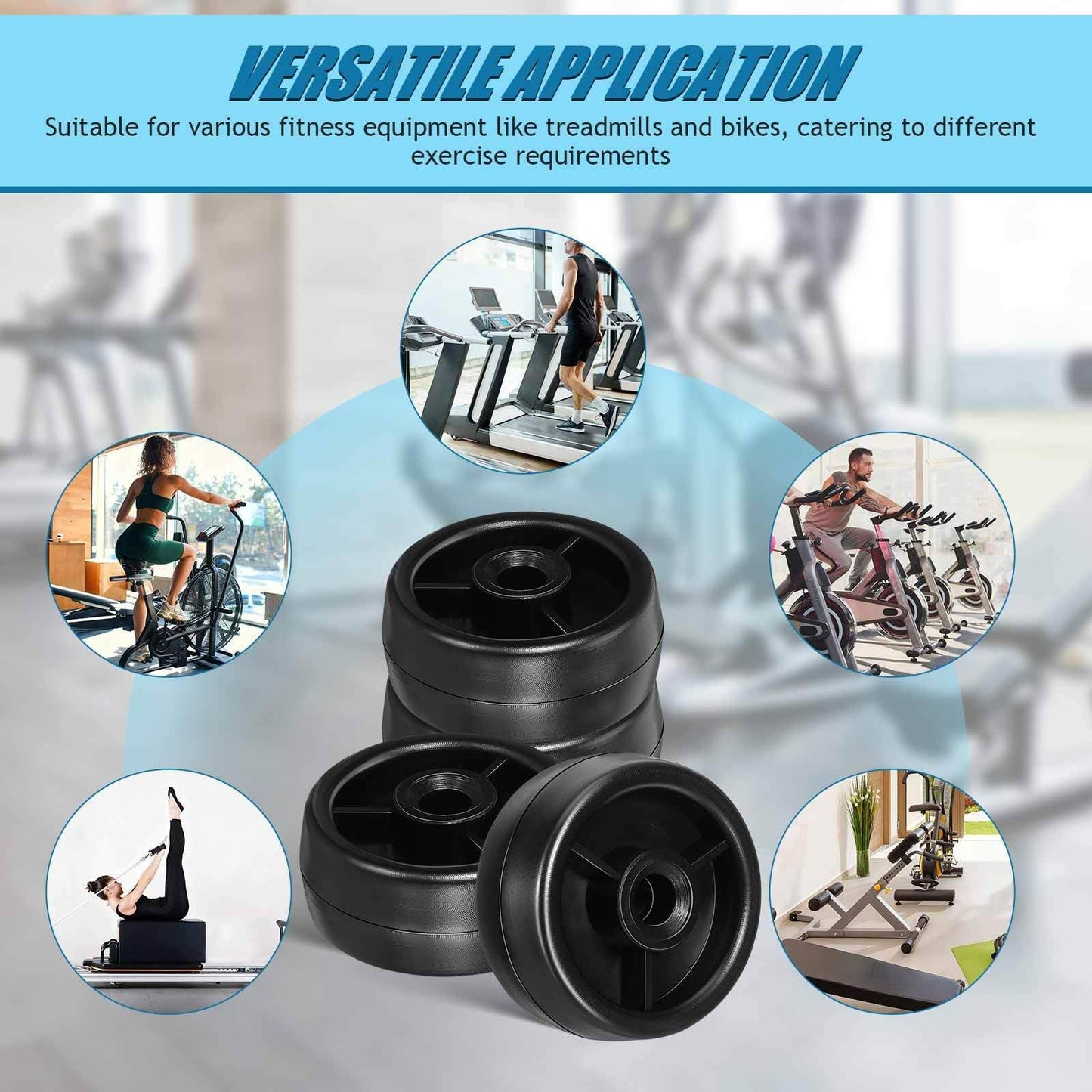 4pcs Gym Roller Wheels Replacement, Small Fitness Equipment Roller Casters Heavy Duty Plastic Exercise Wheels Compatible with Treadmills and Exercise Bikes for Gym Sports Accessories, 80MM Hole