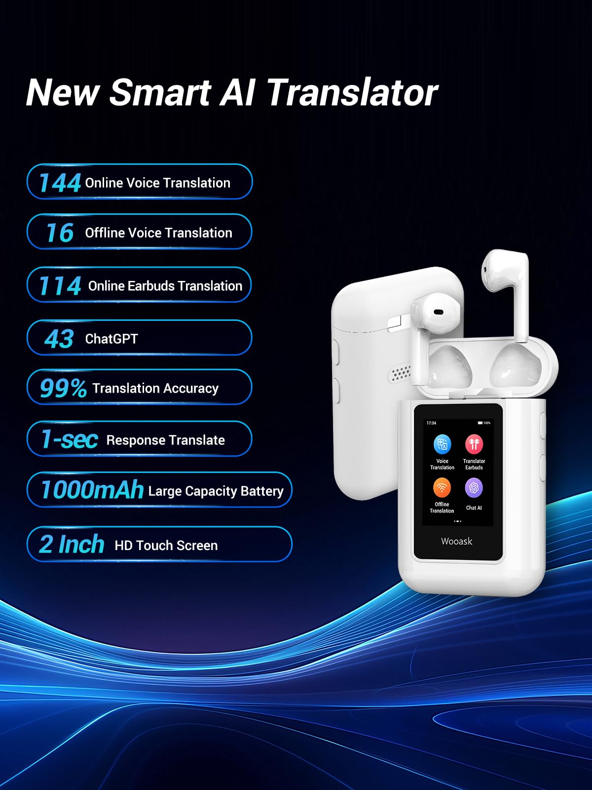 Wooask A8 Translation Earbuds, AI Translation Earbuds Real Time No APP Needed, No Subscription, 2025 Latest Two-Way Translator Device Support ChatGPT/Recording for Travel, Business, Learning Language