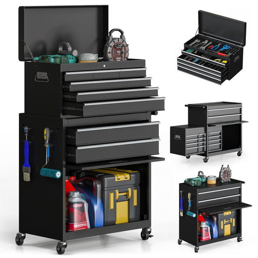 VIWAT Tool Chest, 8-Drawer Rolling Tool Storage Cabinet with Enhanced Packaging, Detachable Top Tool Box, Metal Tool Cart with Hooks and Liners, for Garage, Workshop, Black