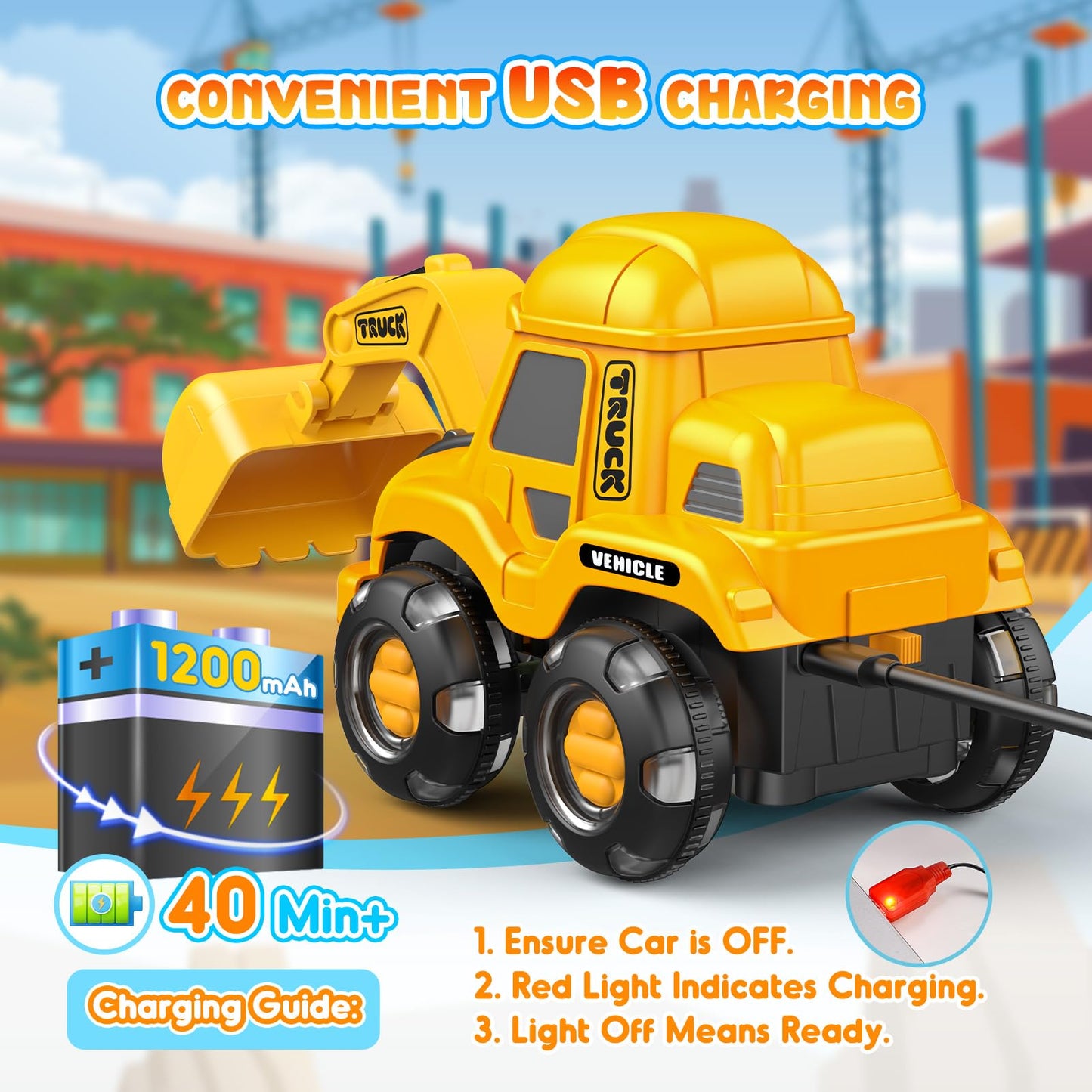 Toyjolka Toddler Remote Control Car with Flashing Light Wheels for 2 3 4 5 6 Year Old Boys Girls, USB Rechargeable Construction Excavator Toy for Toddlers 2-6 Great Birthday Gift Idea for Kids