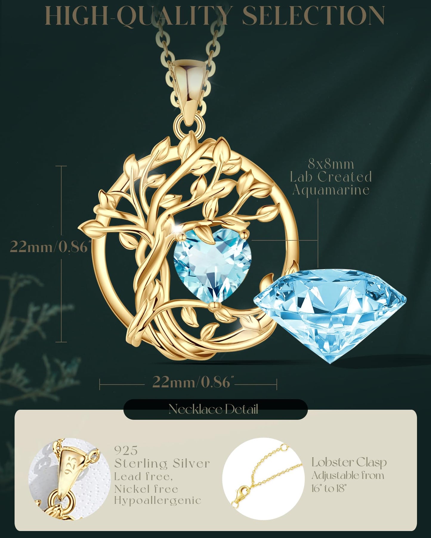 FANCIME Tree of life March Birthstone Necklace for Women Sterling Silver Yellow Gold Plated Jewelry Aquamarine Pendant Blue Gemstone Birthday Mothers Day Gifts for Wife Mom Her