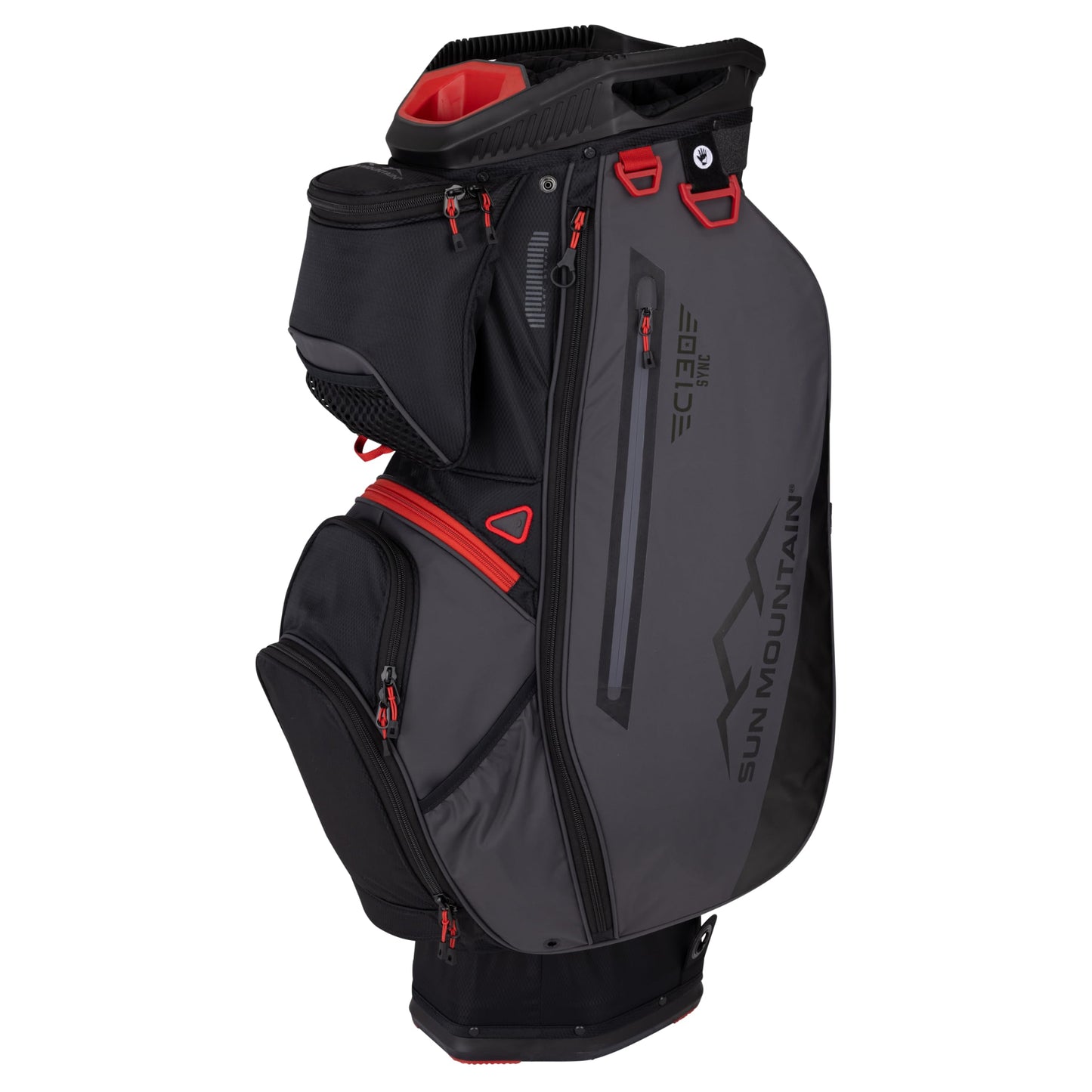 Sun Mountain Men's C130 Sync Lightweight Cart Golf Bag 14-Way Top - 13 Pockets, Single Strap System, Push-Electric-Riding Cart Compatible Compression Base, 2025 Model - Black-Steel-Red