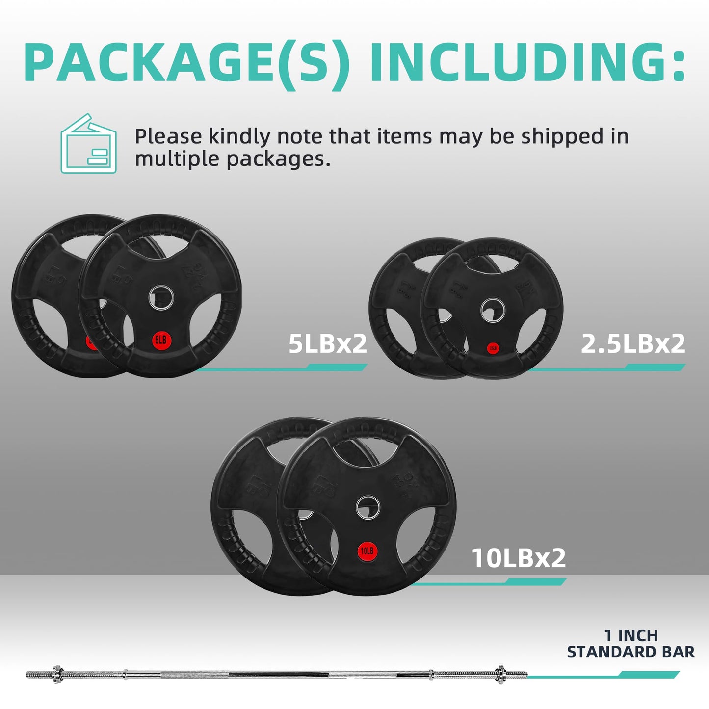 Fitvids 1 Inch Standard Barbell Weight Plates and Bar Set, 5 FT Barbell Bar and 35 LB(2.5-10 LB) Barbell Weight Set for Home Gym Strength Training, Rubber Coate Design